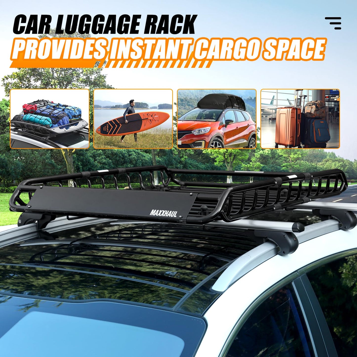 MaxxHaul 50879 46" x 36" Universal Roof Rack Rooftop Cargo Carrier Steel Basket with Net, Car Top Luggage Holder for SUV and Pick Up Trucks - 150 lb. Capacity