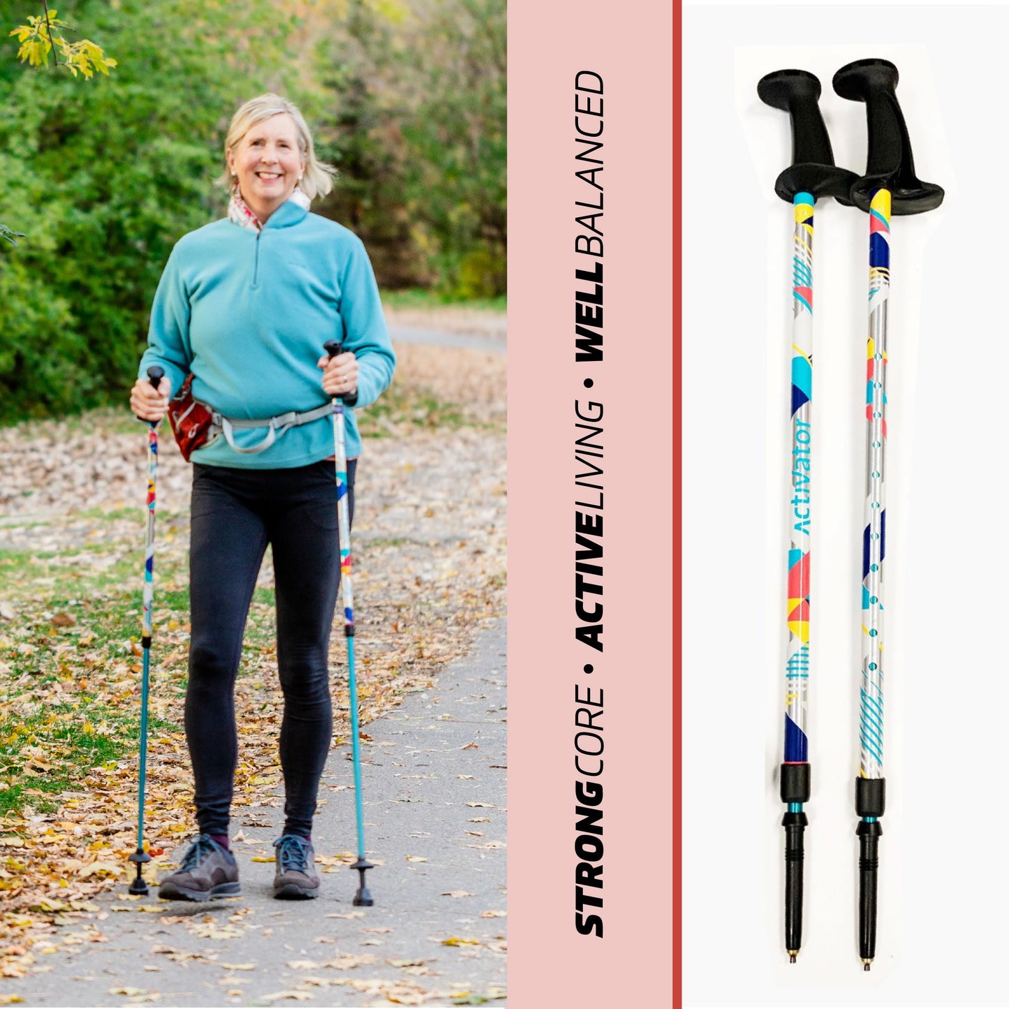 Urban Poling ACTIVATOR® MODA with Snow & Trekking Baskets, Silver with Blue, Green, & Yellow, 1 Pair – For Users 4'2"–6' – Lightweight, Aluminum Nordic Walking Sticks – Collapsible & Adjustable Hiking