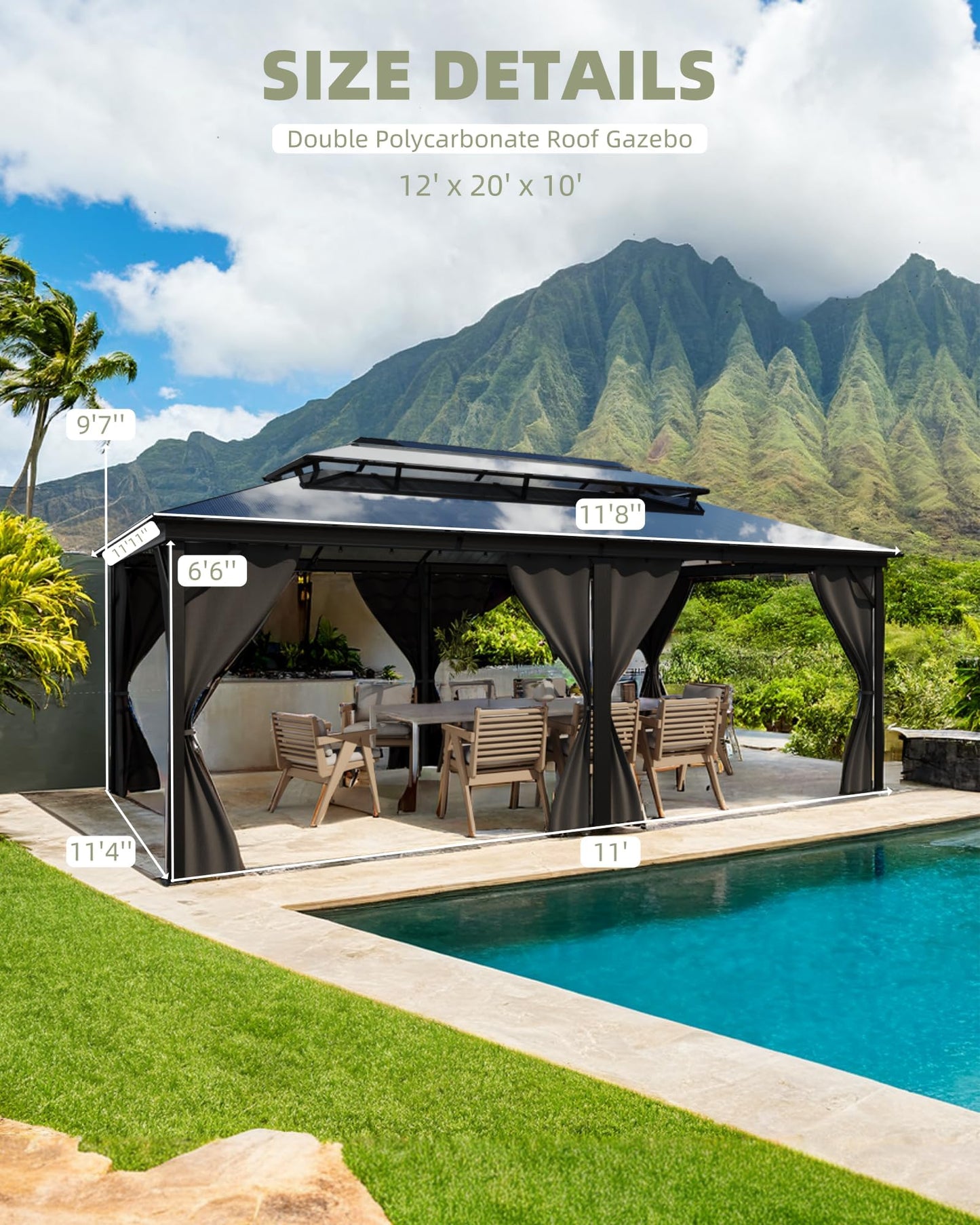 PeakPursuit All-Weather Hardtop Gazebo 12'x20' – Double Polycarbonate Roof, Durable Aluminum Alloy Frame, Netting & Curtains, Permanent Outdoor Pavilion for Patio, Deck, Backyard, Lawn, Garden, Gray