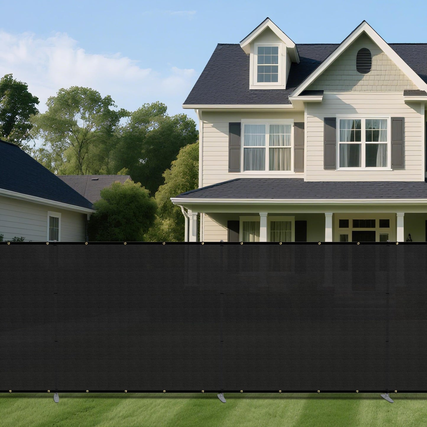 Windscreen4less Outdoor Privacy Fence Screen, 6'x24' Freestanding Privacy Fencing Set with Iron Poles and Ground Spikes, UV Resistant Mesh Cover Garden Pet Fencing for Backyard Patio Pool, Black