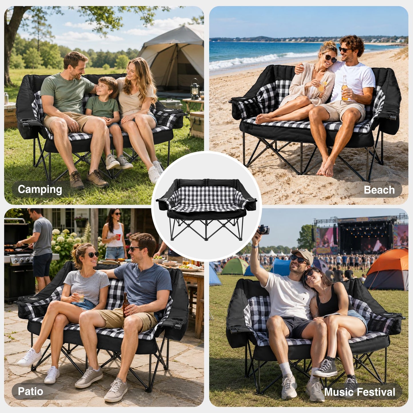 HOPERAN Double Camping Chair, Oversized Padded Camping Couch, 600D Oxford Folding Camping Loveseat w/Side Pocket, Cooler Bag, Wine Glass Holder, 800LBS Heavy Duty Lawn Chair for Patio Backyard Beach