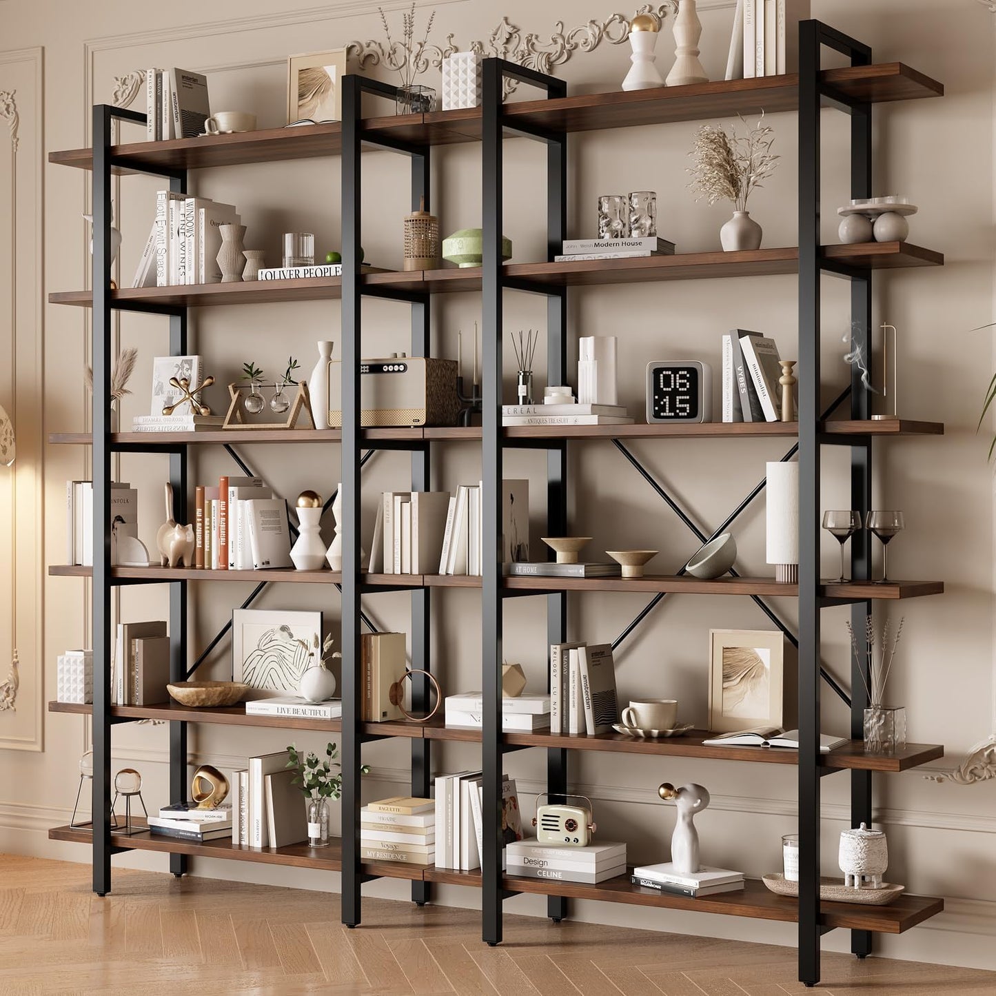 LZ-DONGMAN Bookshelf, Industrial Style Bookcase, Book Rack, Storage Rack Shelves in Living Room/Home/Office, Books Holder Organizer for Books/Movies (6-Tiers)
