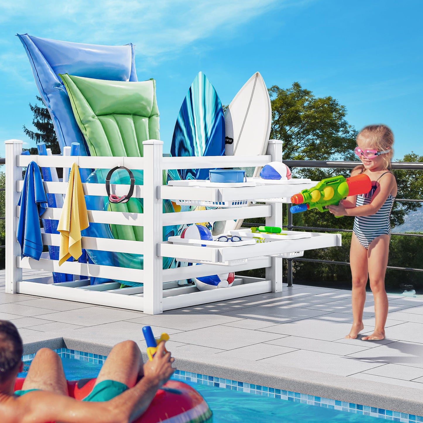 YITAHOME Pool Storage Bins with Towel Rack & 6 Moveable Hooks, Large Pool Noodle Holder Organizer, Outdoor Waterproof Poolside Float Storage for Goggles, Beach Balls, Floats Equipment