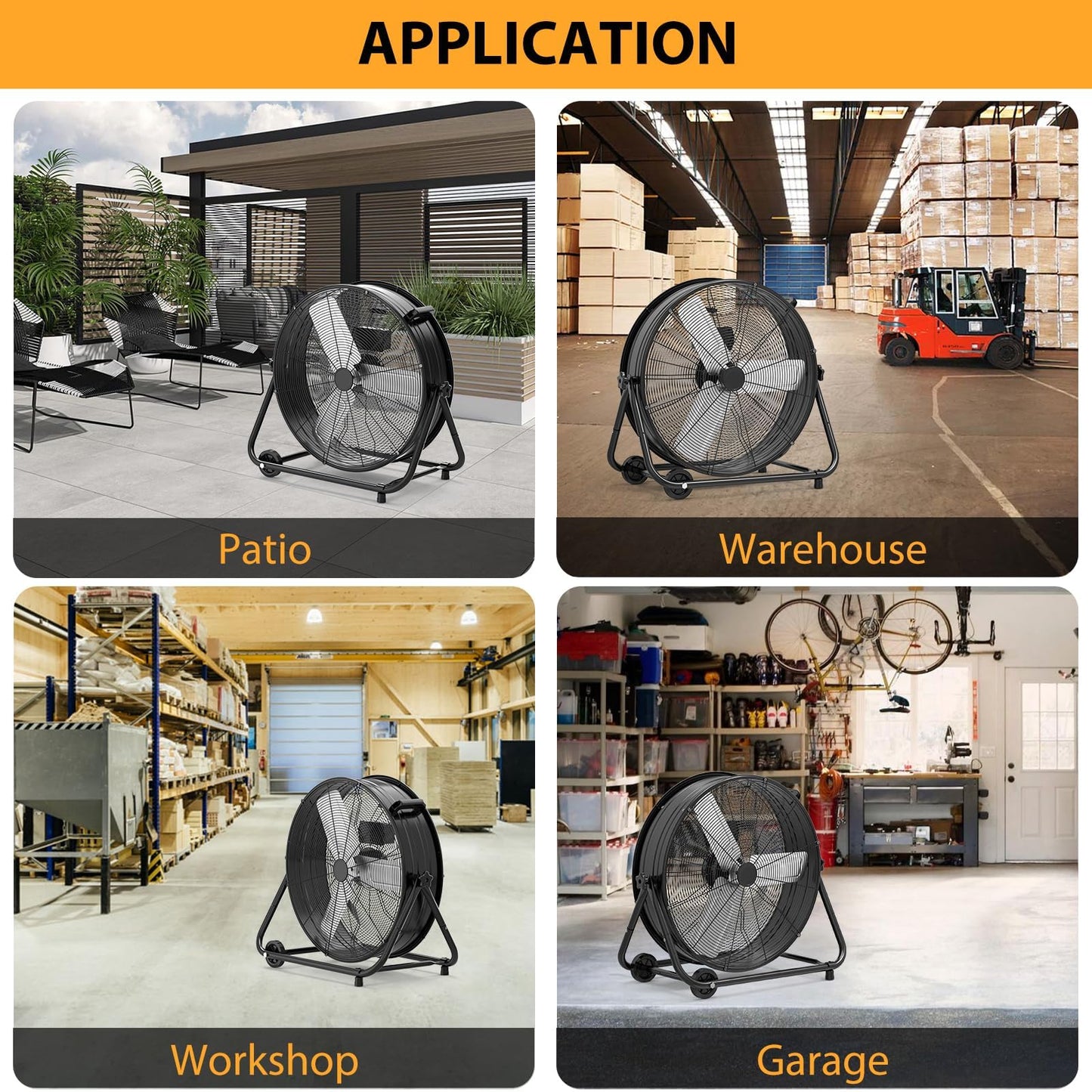 24 in High Velocity Drum Fan, Heavy Duty Industrial Fan, 8800 CFM Floor Fan, 3 Speed Garage Fan, Portable Air Circulator with 360° Tilt, Durable Metal Construction for Warehouse Workshop Jobsite