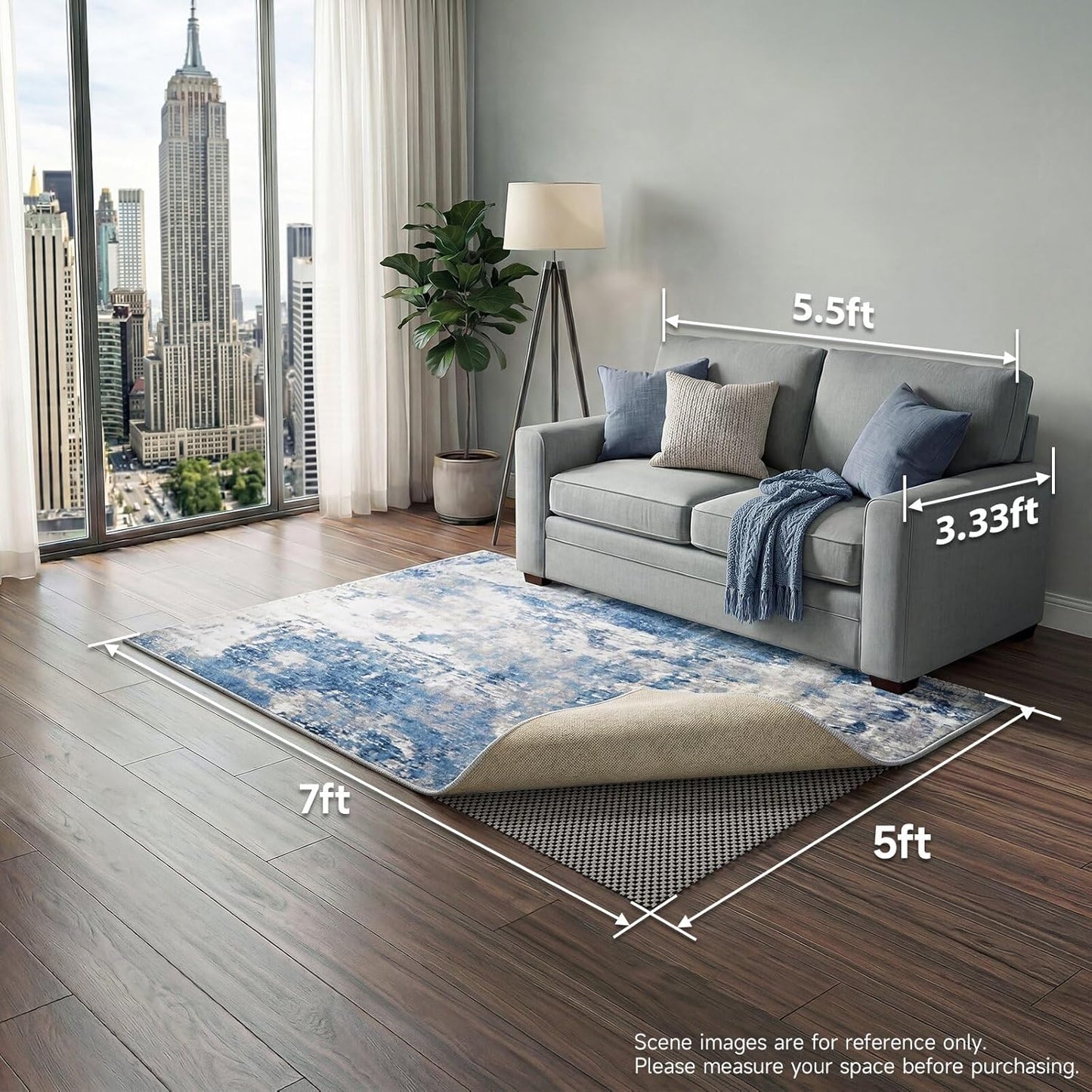 Veken Non-Slip Rug Pad Gripper - 5x7 Ft Thick Dark Grey Mat for Hardwood & Tile Floors