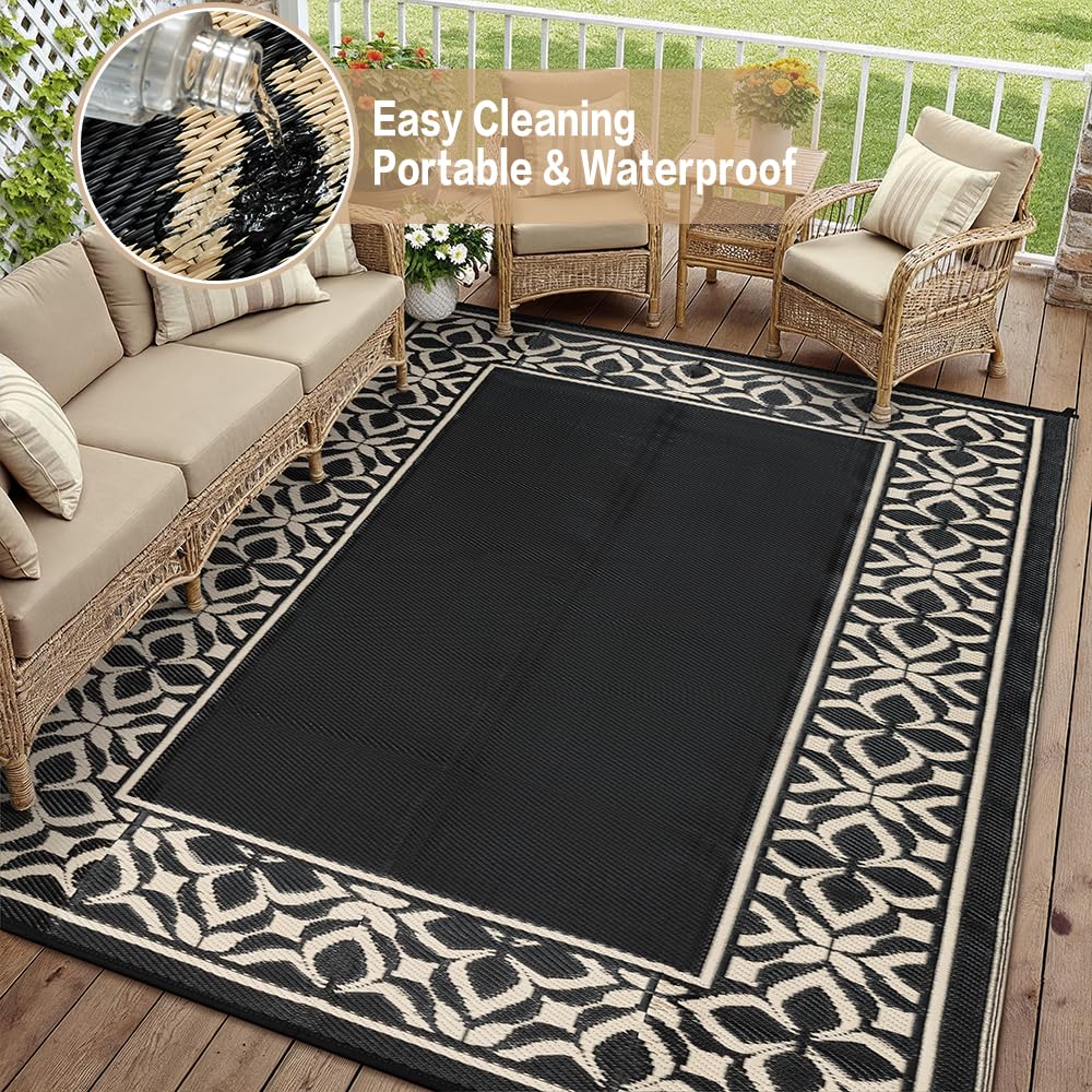 PureCozy Outdoor Plastic Straw Rug Black Beige Large Outside Waterproof Outdoor Patio 10x14 Carpet Geometric Reversible Mat Modern for Camping RV Porch Deck Balcony Beach