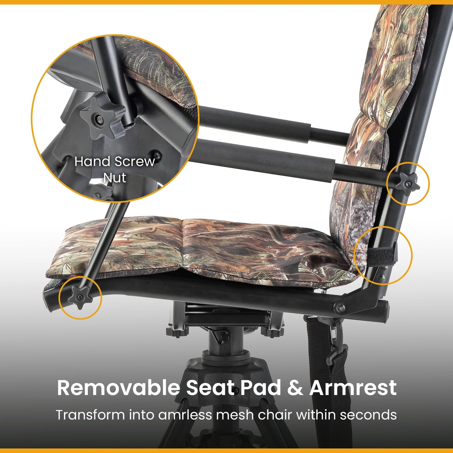 ARROWHEAD OUTDOOR Wide Folding 360° Hunting Swivel Blind Chair with Removable Camouflage Seat Pad, Armrest, No-Sink Feet, Shoulder Strap, Mesh Chair, Adjustable Height