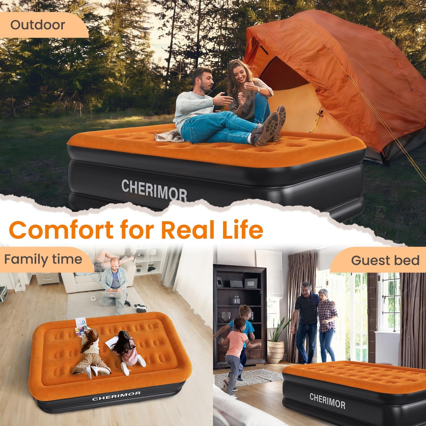 CHERIMOR Twin XL Air Mattress with Built-in Pump, 80" Extra Long, Reinforced Support Design, Stable & Durable, 500 lbs Capacity, 2-Min Fast Inflation, Portable Blow Up Bed for Home Guests & Travel