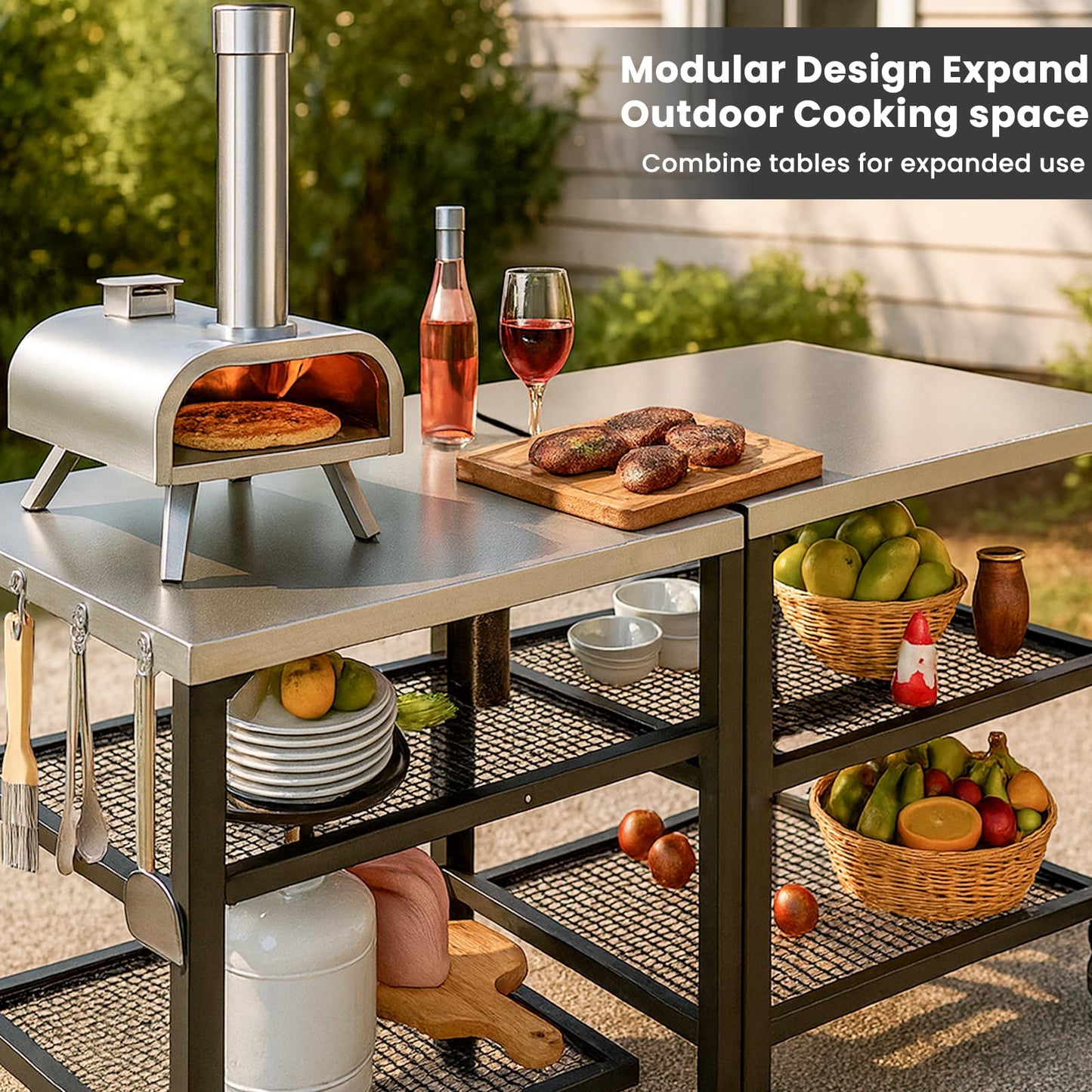 Pizza Oven Table for Ninja Woodfire, Blackstone, Cuisinart, 32x24 Inch Stainless Steel Outdoor Grill Prep Cart with Hooks, Portable Food Station
