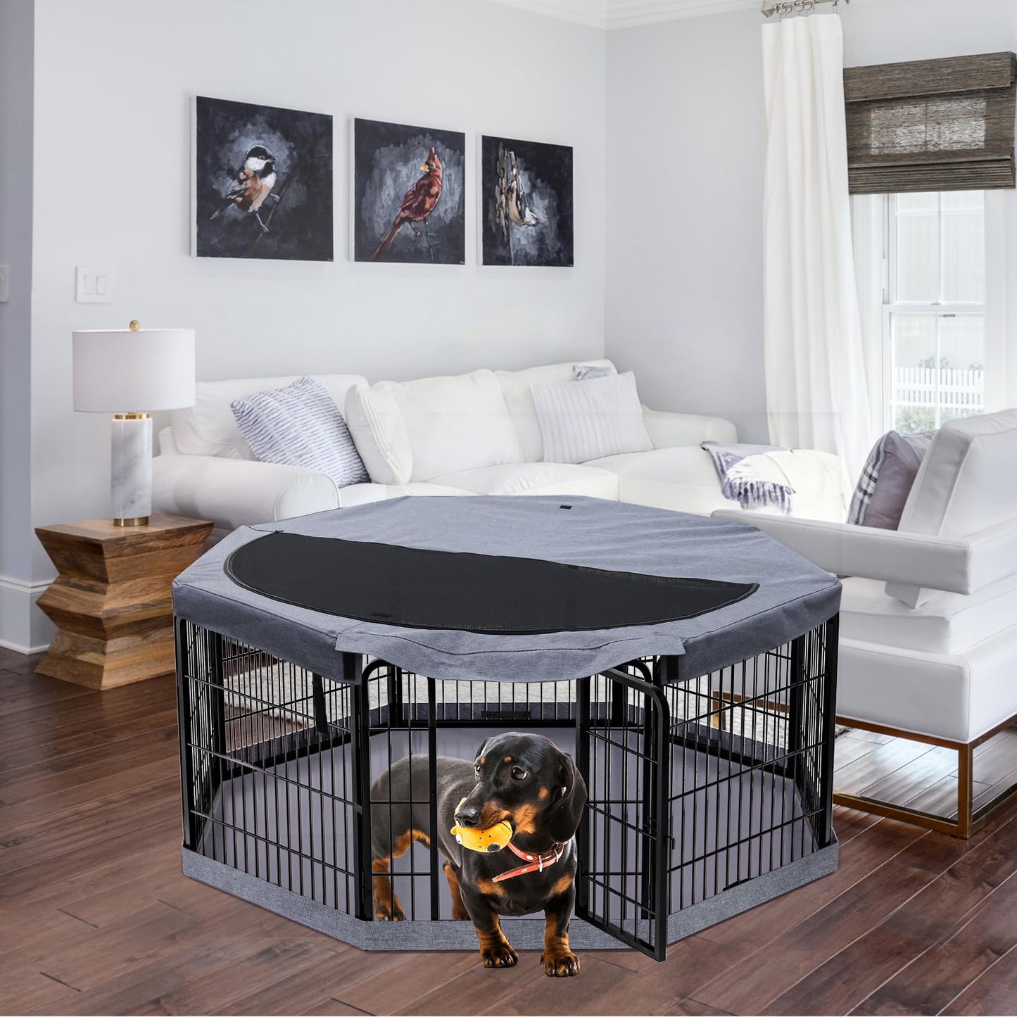 PETIME Dog Playpen,Metal Exercise Puppy Pen Heavy Duty Kennels Yard Fence Indoor/Outdoor 22" W x 24" H 8 Panels Dog Cage with Octagon Top Cover and Bottom Pad