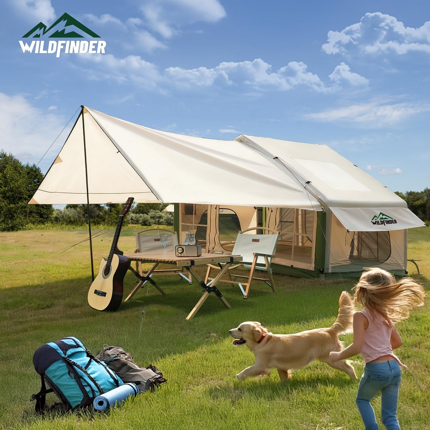 Inflatable Tent with Skylight & Awning, Quick Setup Blow Up Tents with Pump, Hot Tent with Stove Jack, Waterproof Oxford Inflatable House for Camping, Air Glamping Tents for Camping Adult 4-6 Person