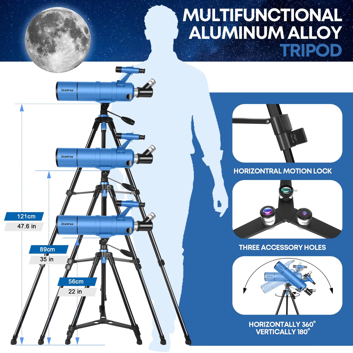 Dianfan Telescope for Kids & Adults, 90mm Aperture 550mm Astronomical Professional Telescope for Adults High Powered, Portable Travel Telescopes for Beginners with Tripod & Adapter, Bag, Folding Stool