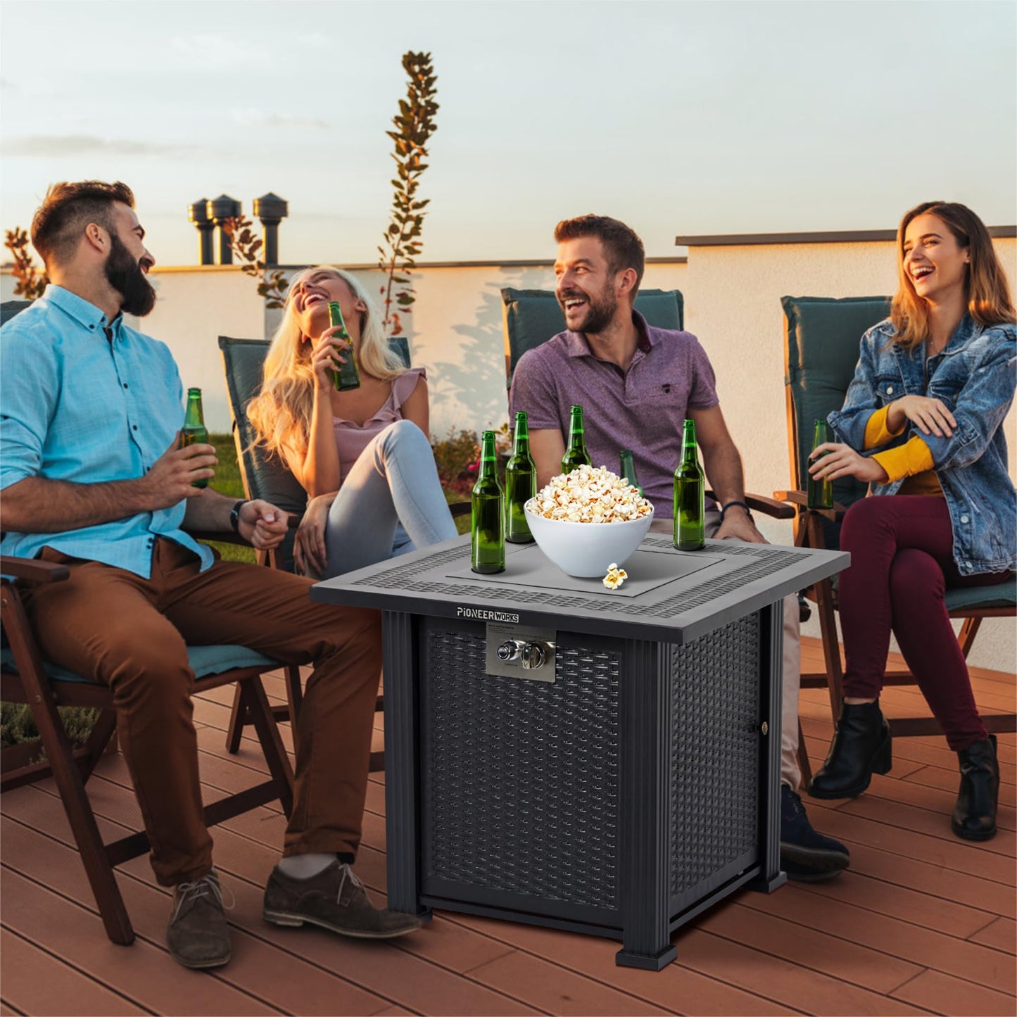 28 Inch Propane Fire Pit Table, 50000BTU Rectangle Fire Table with Cover, Sturdy Steel and Iron Fence Surface, CSA Safety Certified, Companion for Your Garden