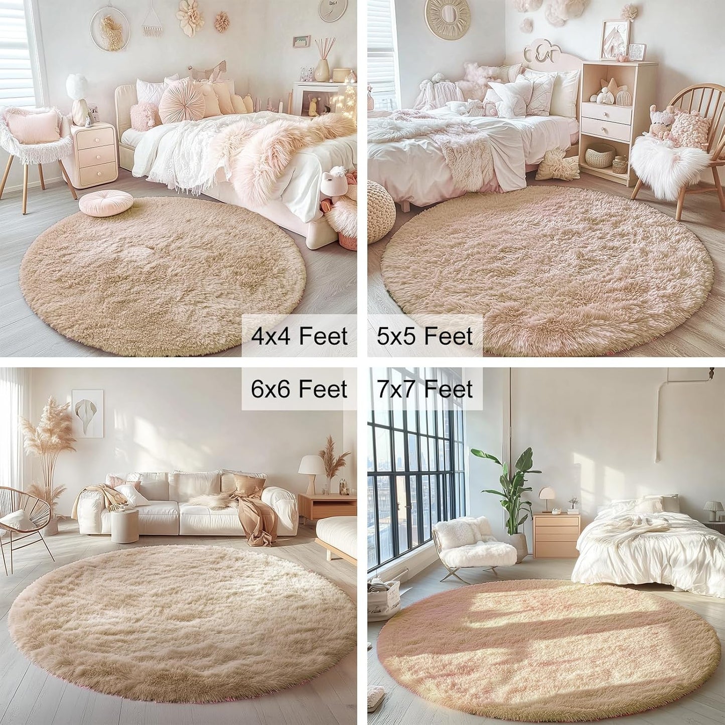 OLANLY Round Beige Area Rug - Soft, Fluffy, Machine Washable 4 ft Circle Carpet for Bedroom & Living Room