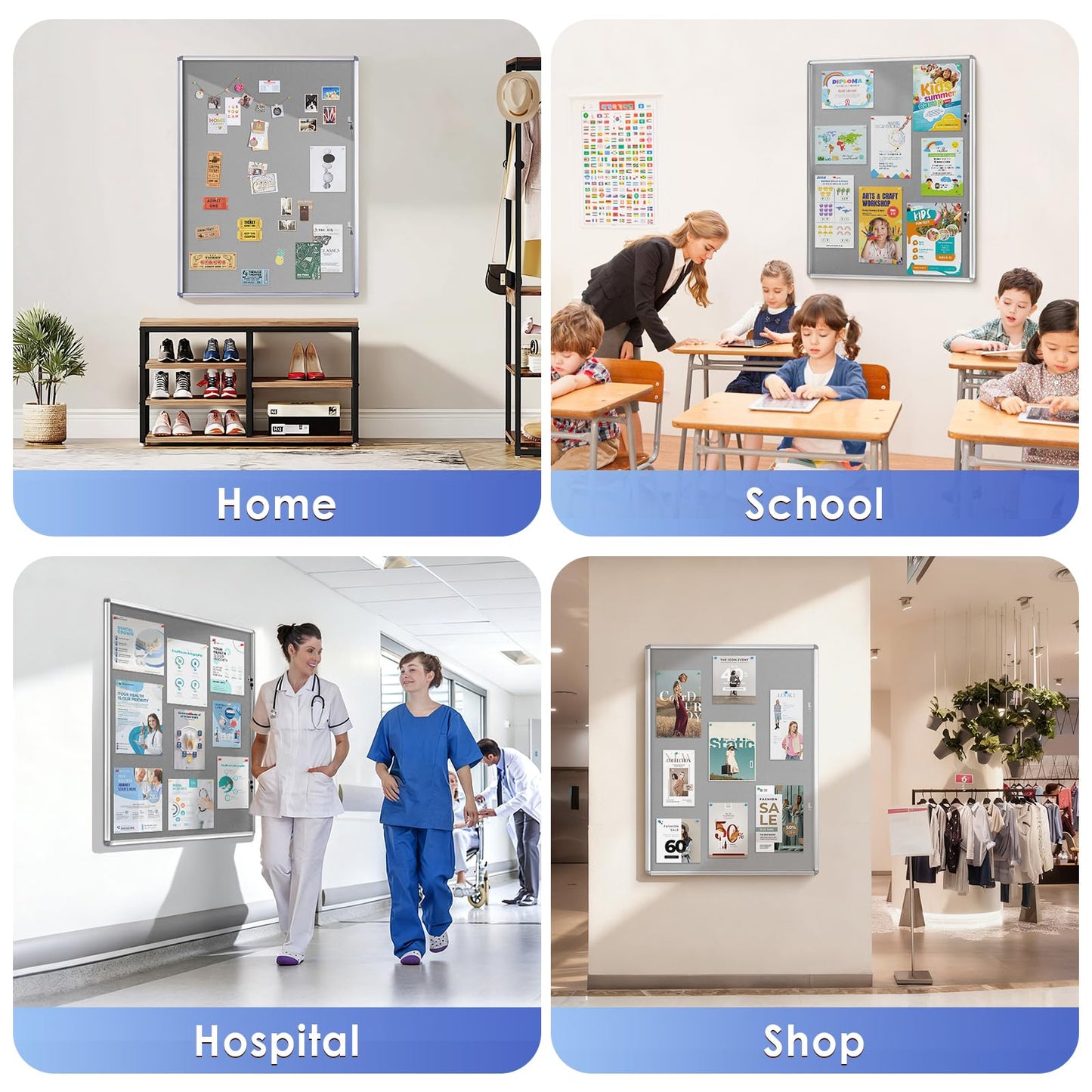 SWANCROWN Enclosed Bulletin Board 48x36in, Tamperproof Lockable Grey Felt Board Wall Display Case with 2 Locks for Office School Commerce, Aluminum Frame
