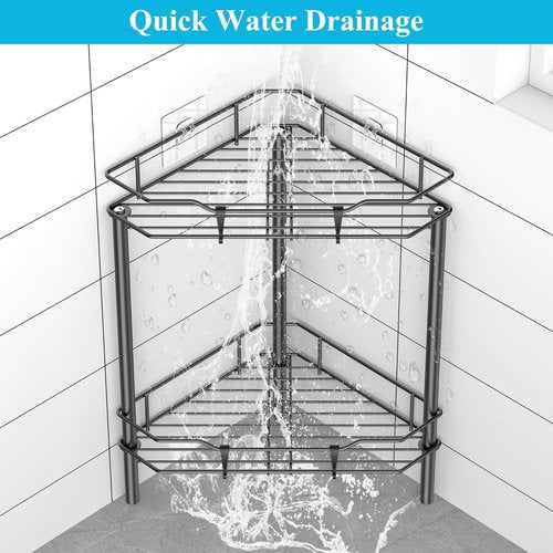 HuggieGems Corner Shower Caddy Organizer - 2 Tier Floor Stand with Hooks | Stylish Black Bathroom Shelf
