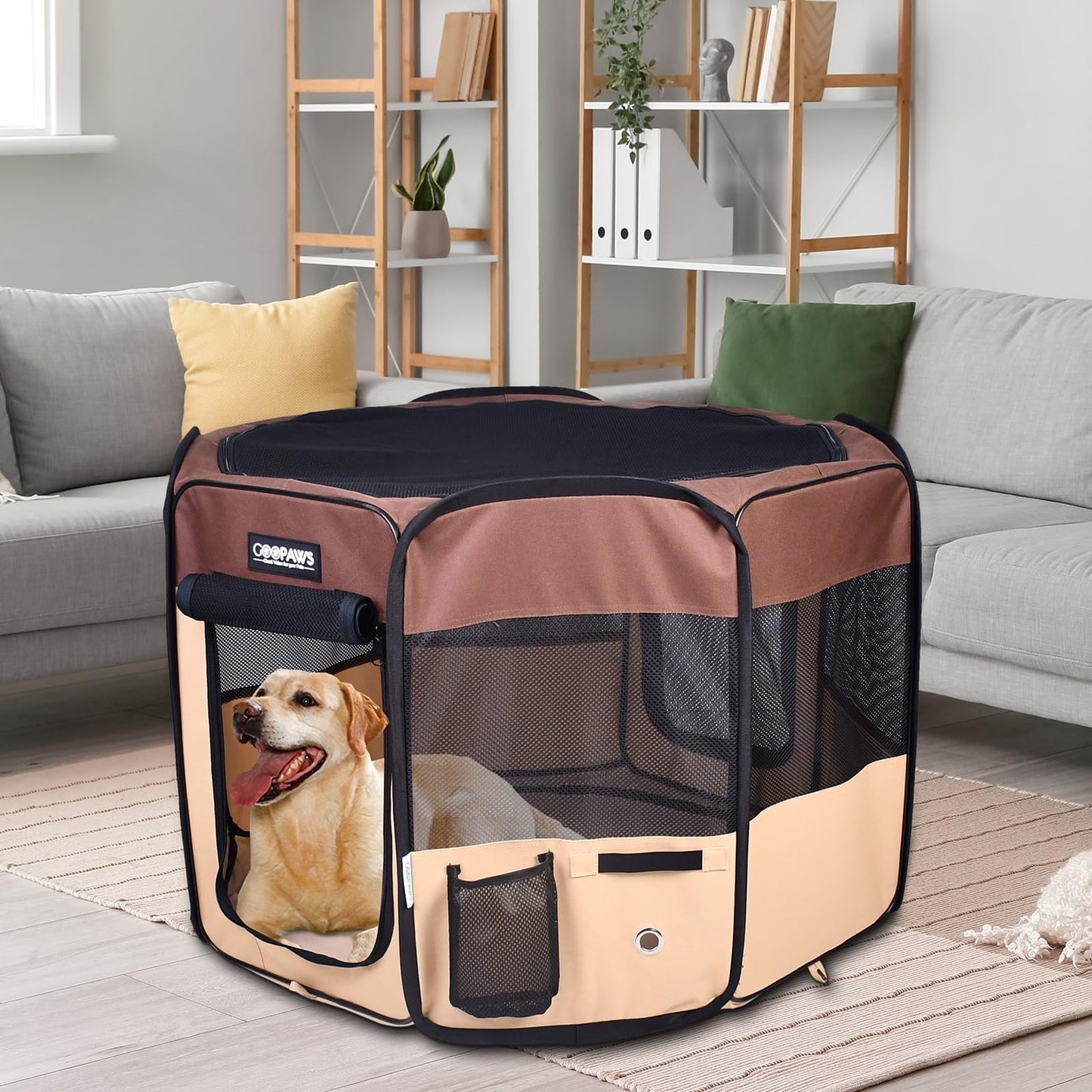JESPET 61" Pet Dog Playpens, Portable Soft Dog Exercise Pen Kennel with Carry Bag for Puppy Cats Kittens Rabbits, Brown
