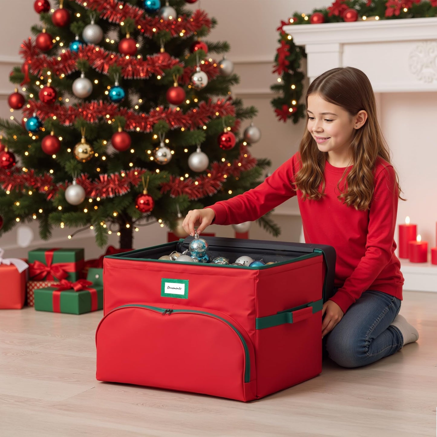 Christmas Nutcracker and Figurine Collectible Storage Box - Holds Up to 72 Ornaments 4” x 4” - Top Adjustable Compartments for Figurines, Nutcrackers, etc - Heavy Duty 600D/ Inside PVC Material