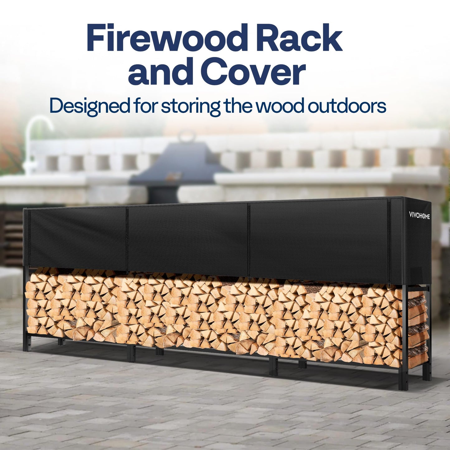 VIVOHOME Upgraded Heavy Duty 12 ft 3/4 Cord Firewood Rack Outdoor with Cover Combo Set, Thick Steel Log Holder Up to 4400 lb, Fire Wood Pile Storage Stand Organizer Black