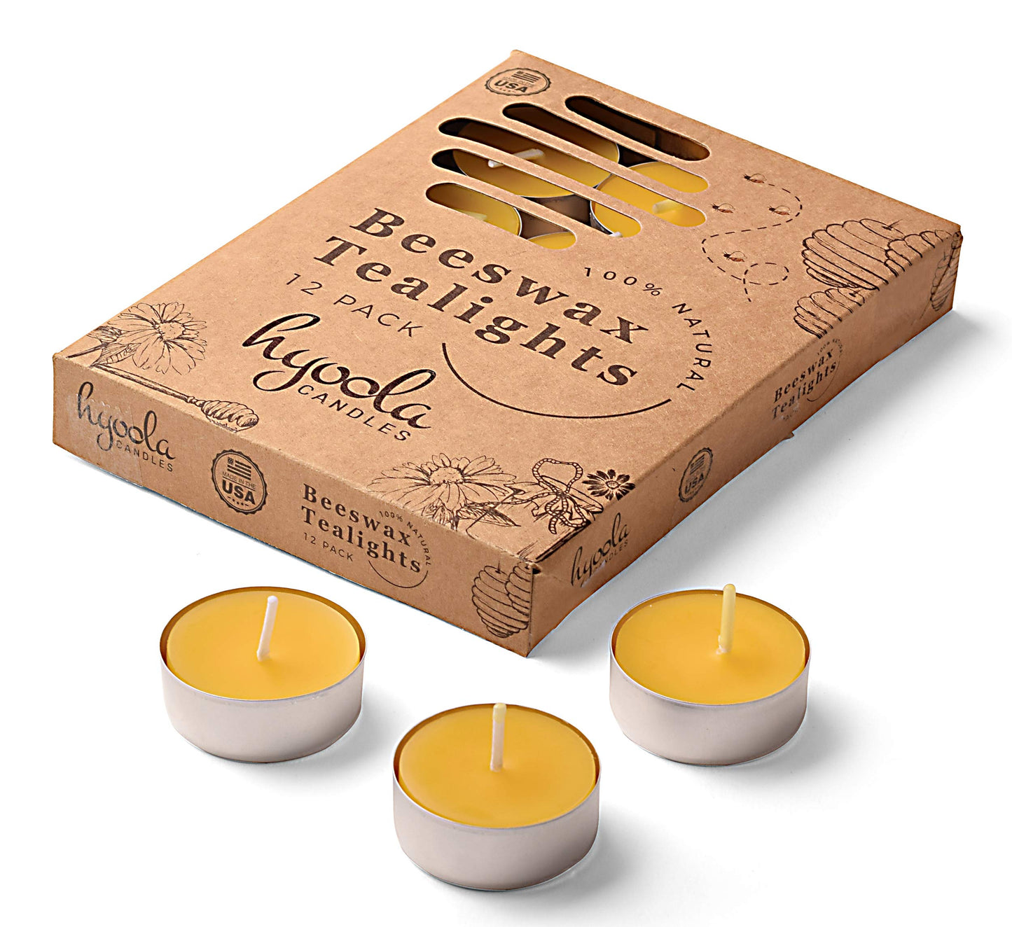 HYOOLA Beeswax Tealight Candles in Aluminum Cup - 12 Pack - 100% Pure Natural Beeswax Candles
