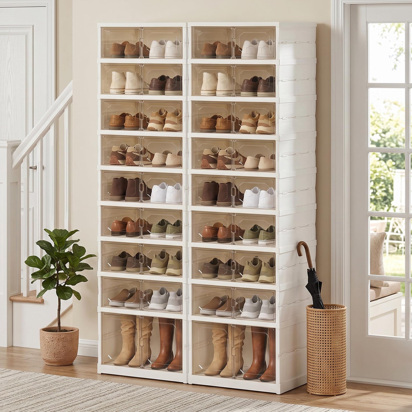 Tykacna Foldable Shoe Rack Organizer with Magnetic Clear Doors, 9 Tier Collapsible Shoe Storage Cabinet, Large Plastic Portable Shoe Box with Wheels for Closet, Entryway, Bedroom, Fits 18 Pairs