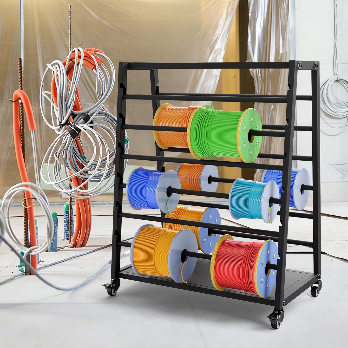 Wire Spool Rack, Cable Dispenser Cart with Wheels, Multi-Electrical Wire Rack, 12 Rods Adjustable Cable Reel Holder, Heavy Duty Wire Spool Holder, Automotive Wiring Storage Stand