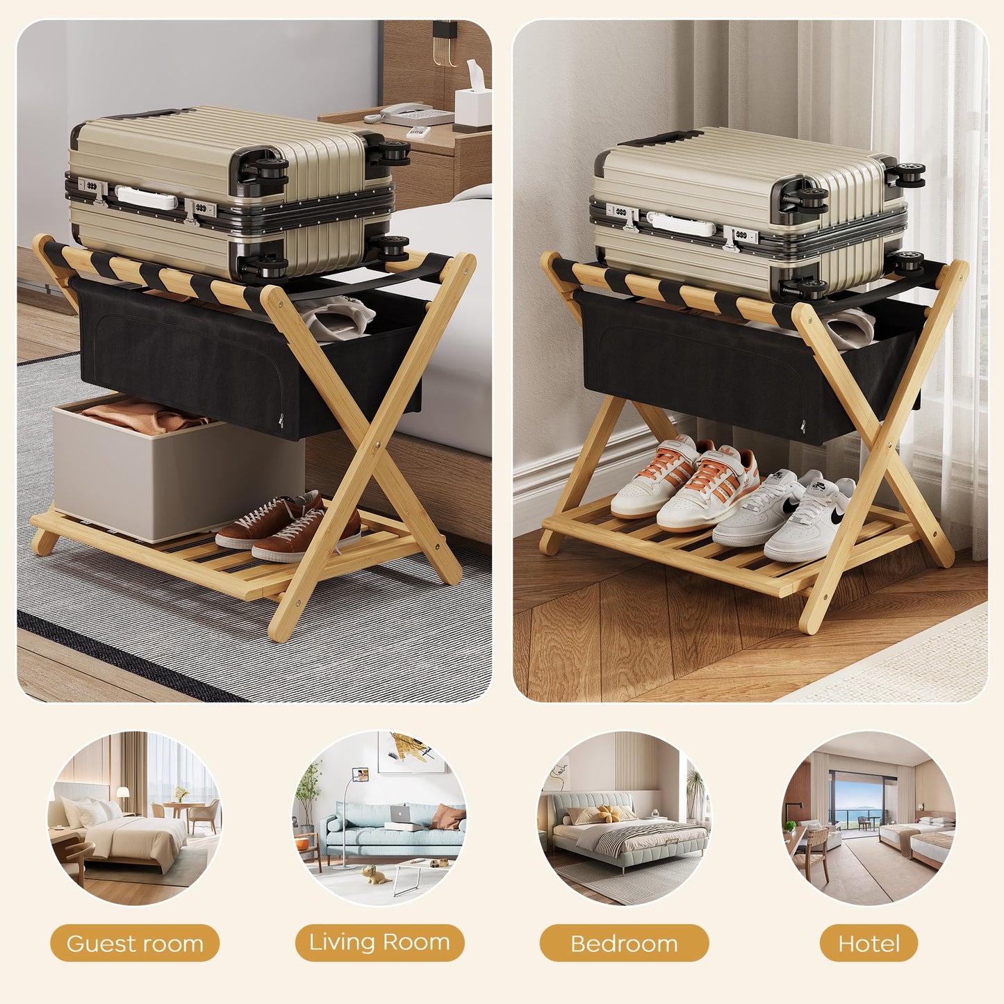 Full Assembled 26.77"L Luggage Rack for Guest Room, Set of 2 Foldable Suitcase Stand with 5 Nylon Straps & Cloth Bag, Luggage Stand Holder with Shoe Shelf for Suitcases Hotel (Natural Wood Bamboo)