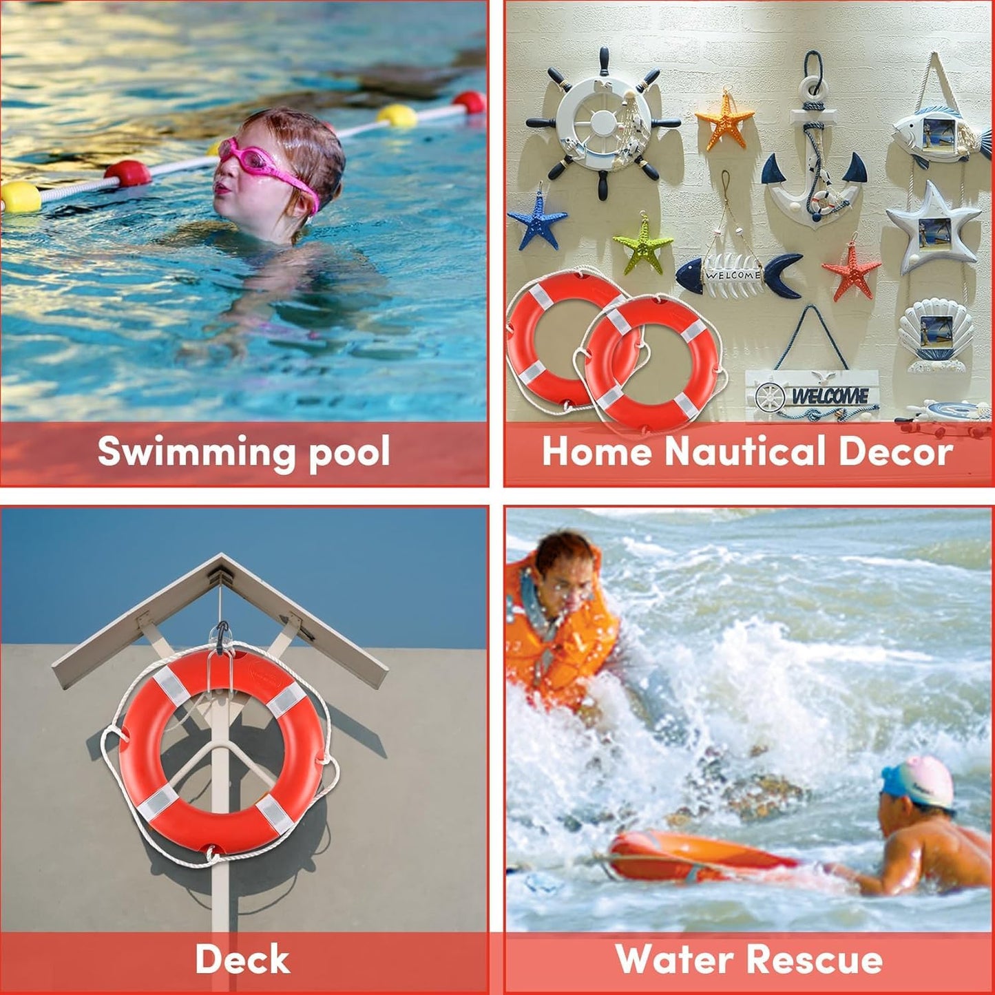 23" Life Ring Boat Safety Throw Ring with Water Floating Lifesaving Rope 50’ and Horseshoe Buoy Bracket for Boating Safety - 3 Pack