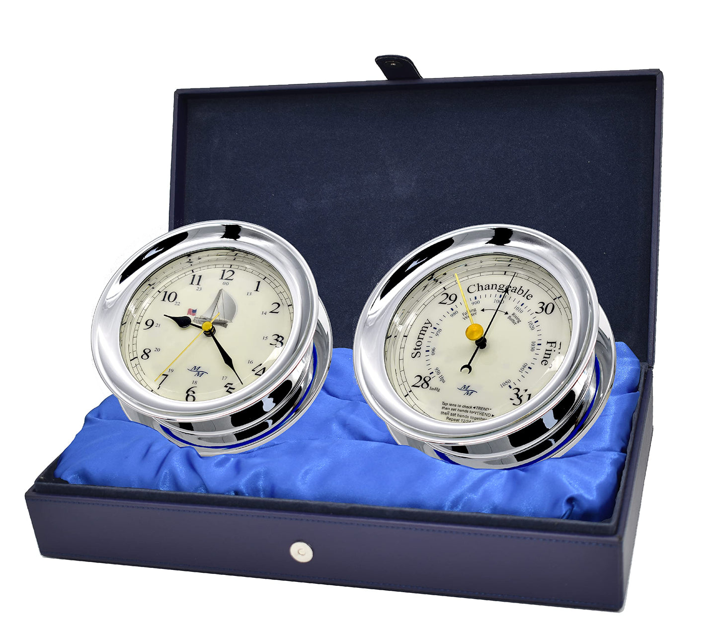 Master-Mariner Patriot Collection, Nautical Windlass Gift Set, 5.85” Diameter Clock and Barometer Instruments, Chrome Finish, Ivory Patriot dial