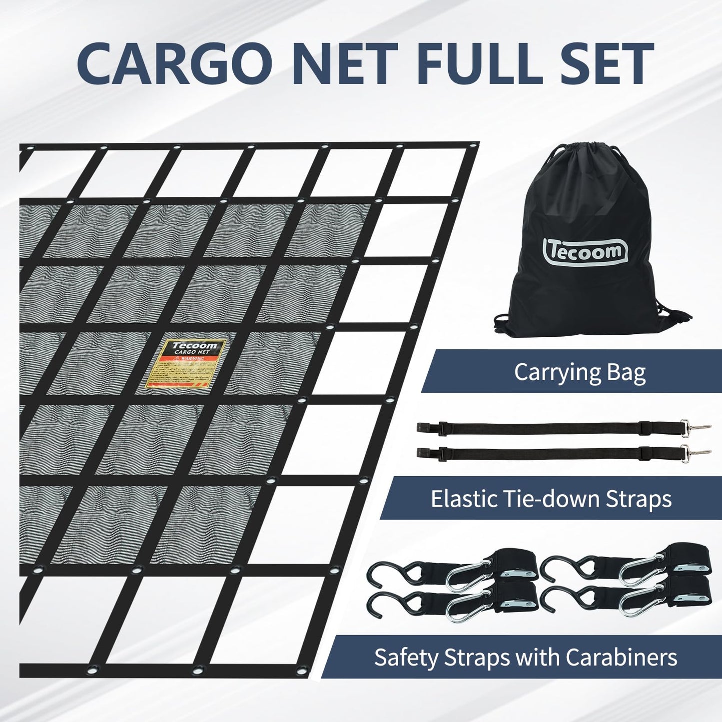 Tecoom Cargo Net with Mesh, 8.4 x 7.51ft 1,500 LBS Capacity Truck Bed Net for Trailer, Trucks, Boat, Jeep, Pickup, Heavy Duty Cargo Net with Adjustable Cam Buckles & S-Hooks & Cross Strap
