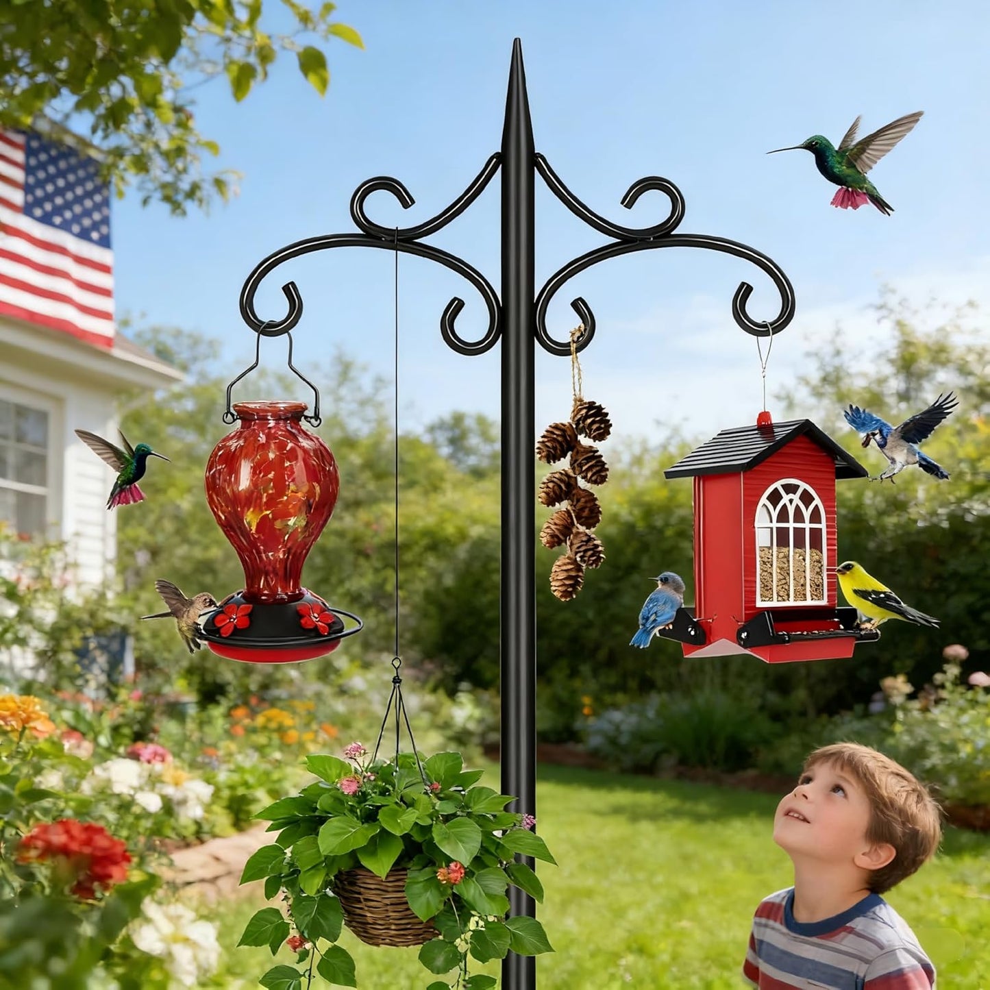 Skiennix Heavy Duty Double Shepherd Hooks - 72-Inch Adjustable Metal Bird Feeder Pole | 5-Prong Base for Outdoor Use