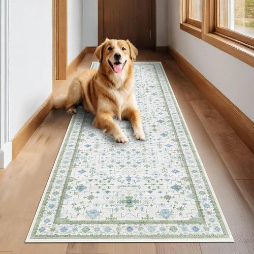 Hazo Haus Oushak 3x20 Wide Hallway Runner Rug - Vintage Turkish Floral Design, Washable Non-Slip | Blue & Green 20ft Extra Long for Large Spaces