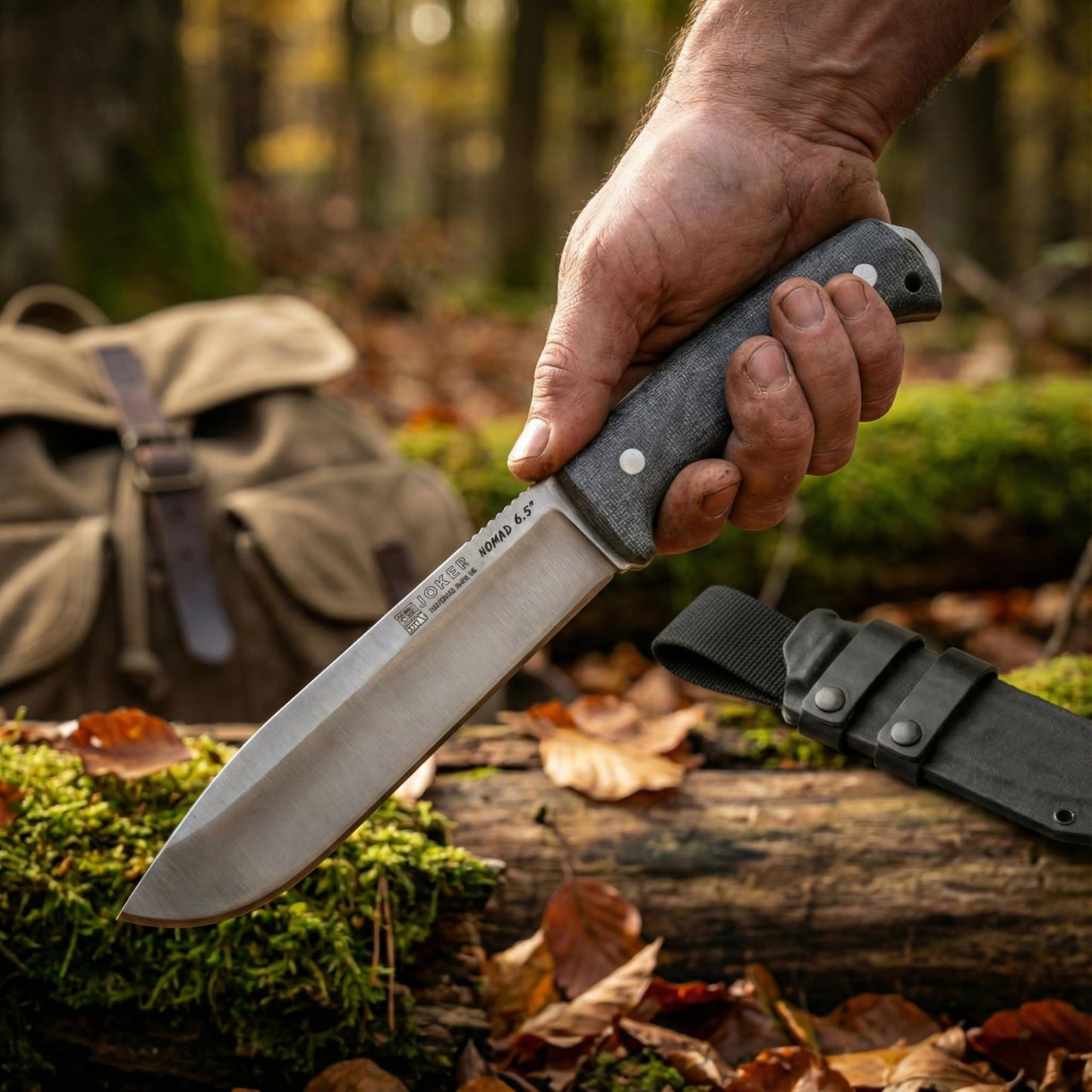 Joker Nomad 6.5 CM137-F Survival Knife, 6.5 in Böhler N695 Steel Blade, Black Micarta Handle, Kydex Sheath with Ferro Rod, Made in Spain, for trail use, shelter prep, food prep and hunting camps