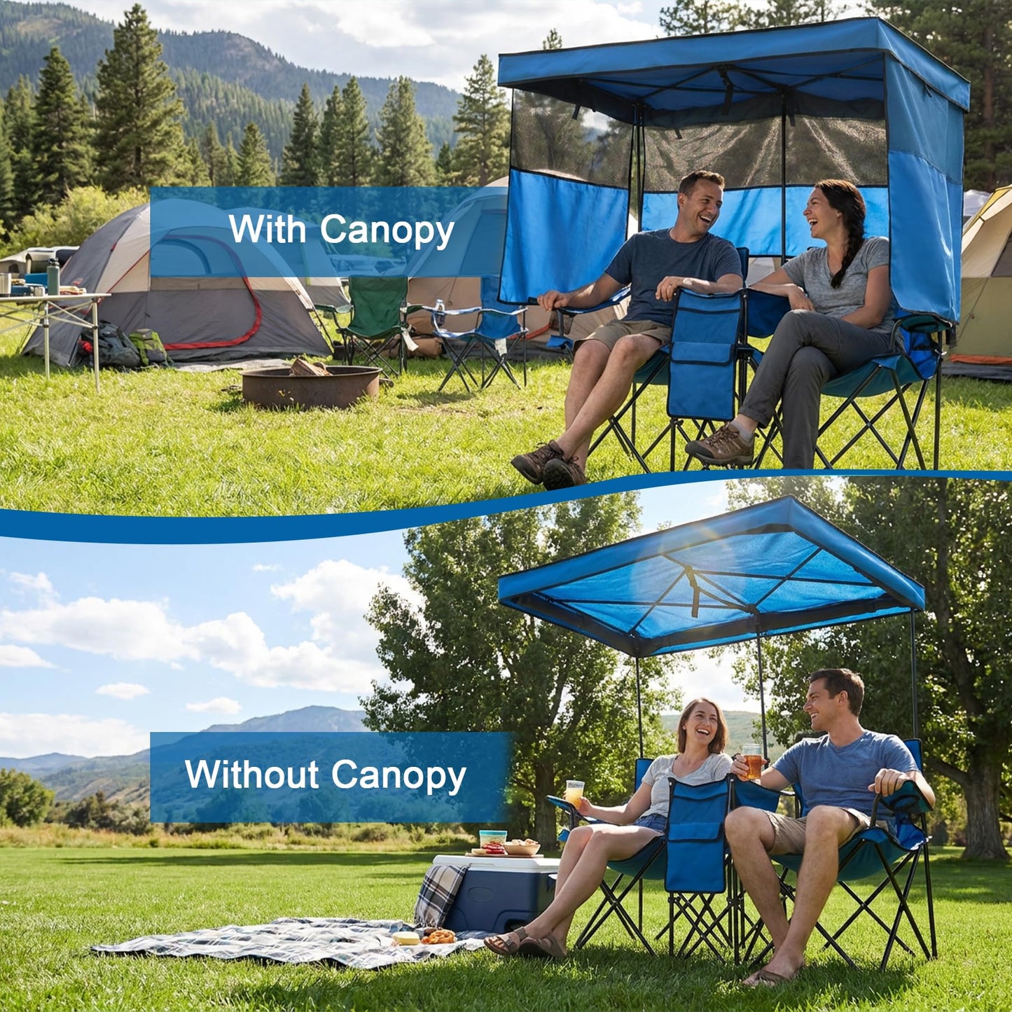 WTVIDAS Double Beach Chair with Canopy Shade Oversized Camping Chairs with Cooler Bag&Cup Holders Folding Loveseat for Outside Lawn Camping