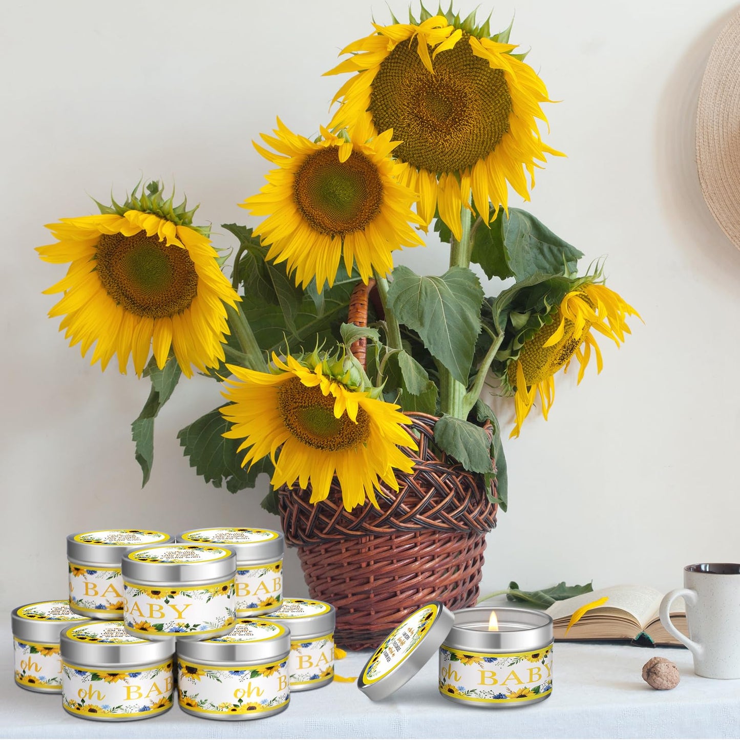 Funtery 12 Pcs Baby Shower Party Favors for Guests Baby Shower Candles Lavender Scented Candle Rustic Tealights Candles Gender Reveal Return Gifts(Sunflower)
