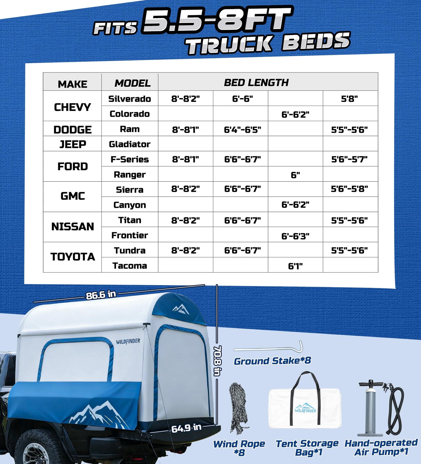 WildFinder Inflatable Truck Bed Tent for Camping 5.5ft-8ft, PU 3000mm Waterproof Pickup Truck Tent with 4'' Thick TPU Air Beams, 2 Mins Fast Setup Portable Ground & Truck Tent for 2-3 Person