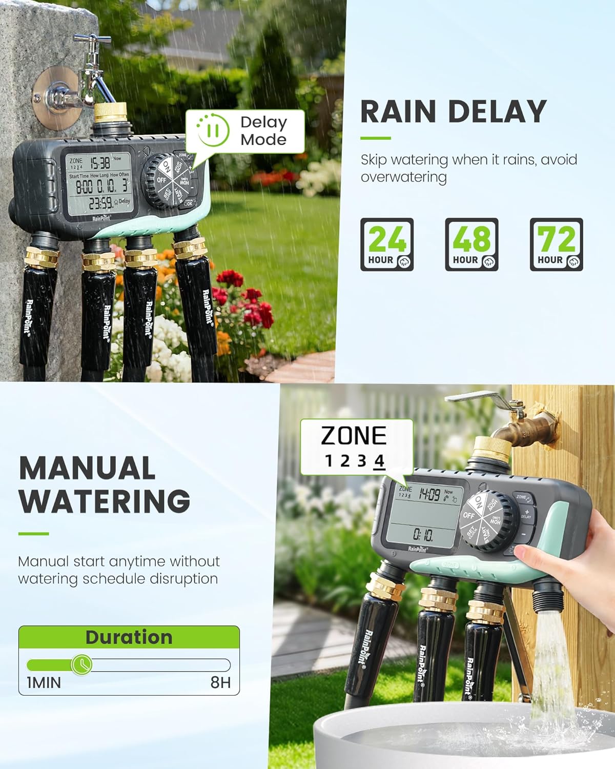 RAINPOINT 4-Zone Sprinkler Timer - Digital Watering System with Rain Delay & Manual Control for Garden Hose