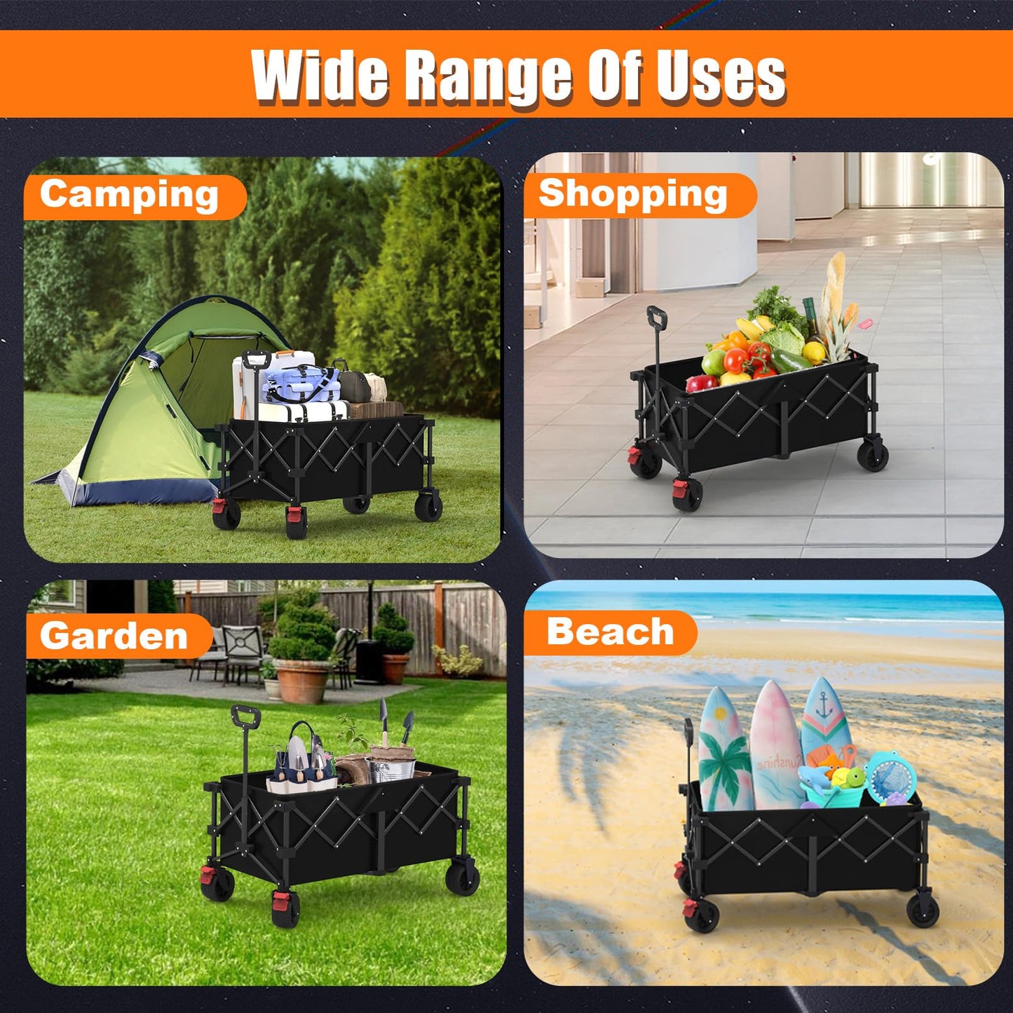 41" L Collapsible Large Wagon Cart Foldable, 460LB Weight Capacity 220L Heavy Duty Folding Beach Wagons with Big All-Terrain Wheels, Utility Carts for Camping, Garden, Shopping, Sports, Black