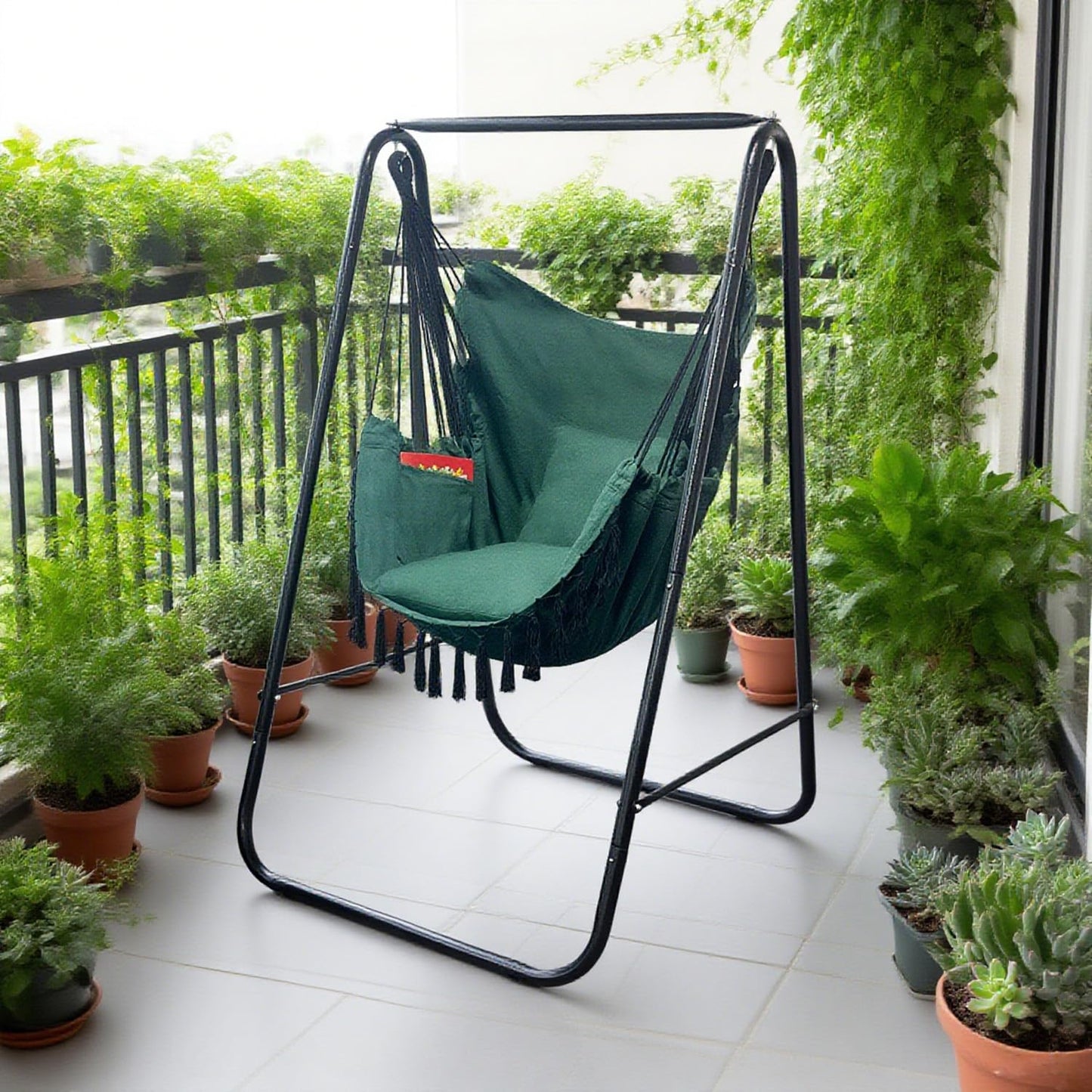 PIRNY Hammock Chair with Stand,Heavy-Duty Hammock Stand with Large Indoor Swing,MAX Load 500 LBS,Hanging Chair with Stand for Indoor Outdoor,Swing Chair with 2 Cushions Included(Dark Green)