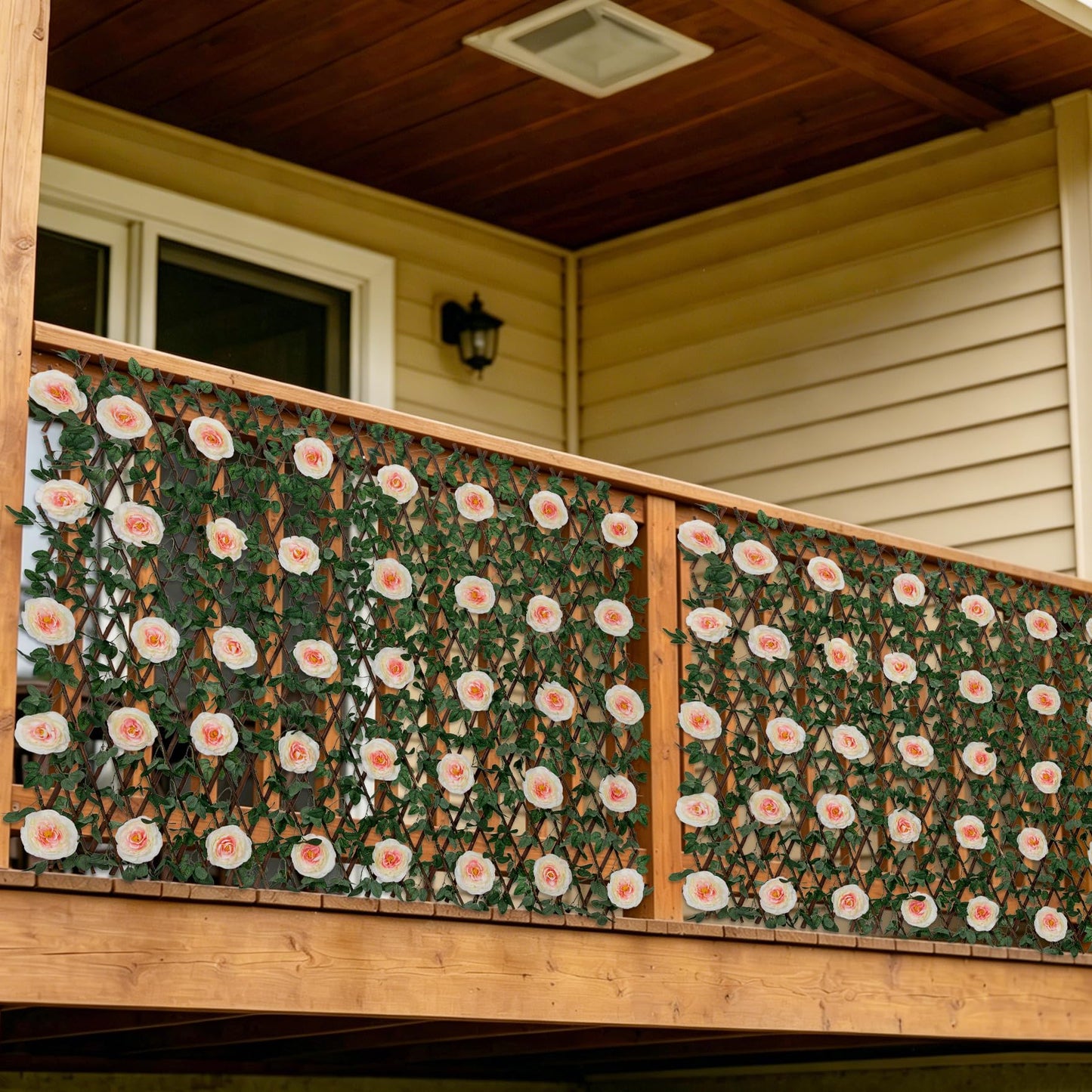 Nature Crafted Expandable Fence Privacy Screen with Artificial Flower, Greenery Expandable Stretchable Covers Panel Privacy Fence for Balcony Patio Garden, Single Sided Leaves (Pink Rose, 4 Pack)