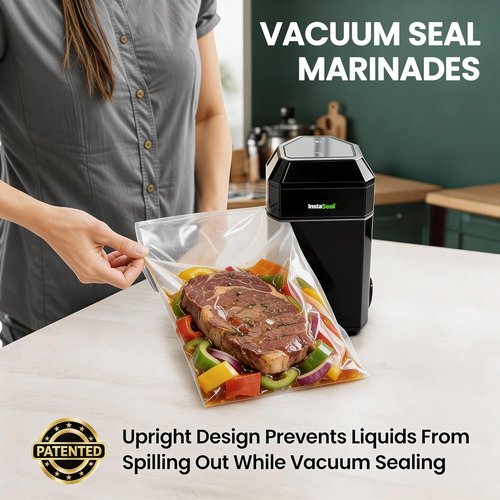 InstaSeal Vacuum Sealer - Preserves Food 5X Longer | Compact Upright Design with 12 Bags Included