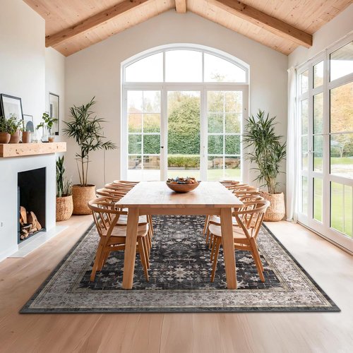 Boho Black Rug - Washable 10x14 Area Rug for Living Room & Dining Room | Soft Low Pile, Non-Slip & Stain Resistant