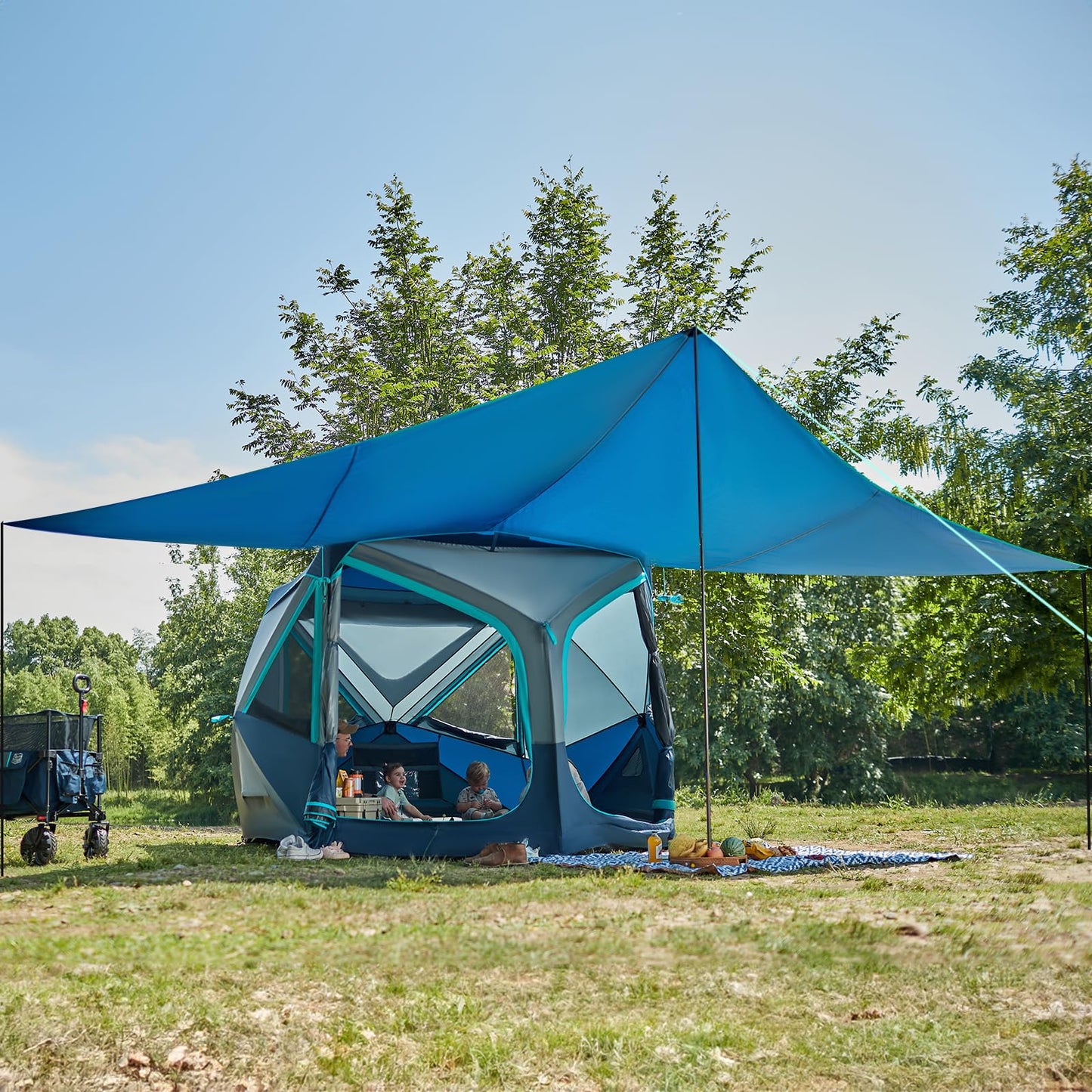 Timber Ridge 4-5 Person Instant Pop Up Cabin Hub Tent, 60S Easy Setup, Weather Resistant Family Tent with Rain Fly and Carry Bag for Outdoor Camping, Blue