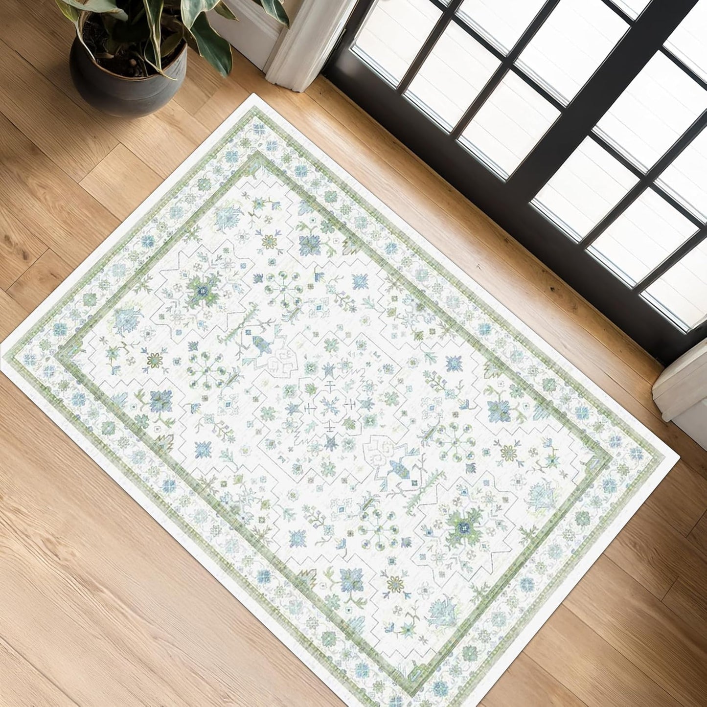 Oushak Boho Bathroom Rug - Cream Green & Blue Floral Design, Washable Non-Slip, 2x4 ft