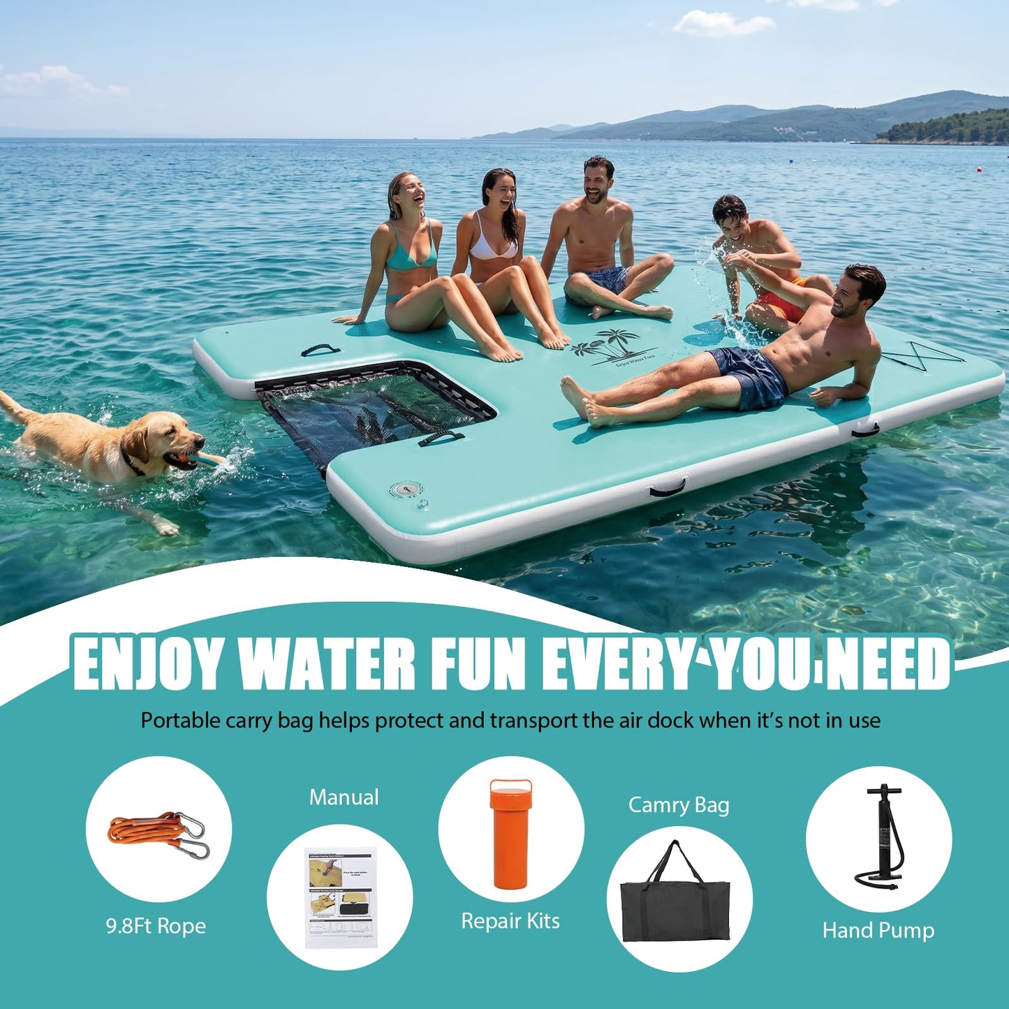 JUSTOOP Inflatable Floating Dock with Water Ramp, Floating Island Raft for Dogs and Adults, Inflatable Dog Float, Multi-Person Air Dock Platform for Lakes, Pools, and Oceans, 5 * 6FT, Teal