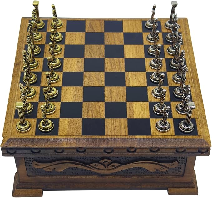Wooden Chess Set with Storage – Handcrafted Chess Board and British Figure Metal Chess Pieces – Decorative Chess Game for Adults & Kids – Premium Gift for Family & Friends (Gold Chess Pieces)