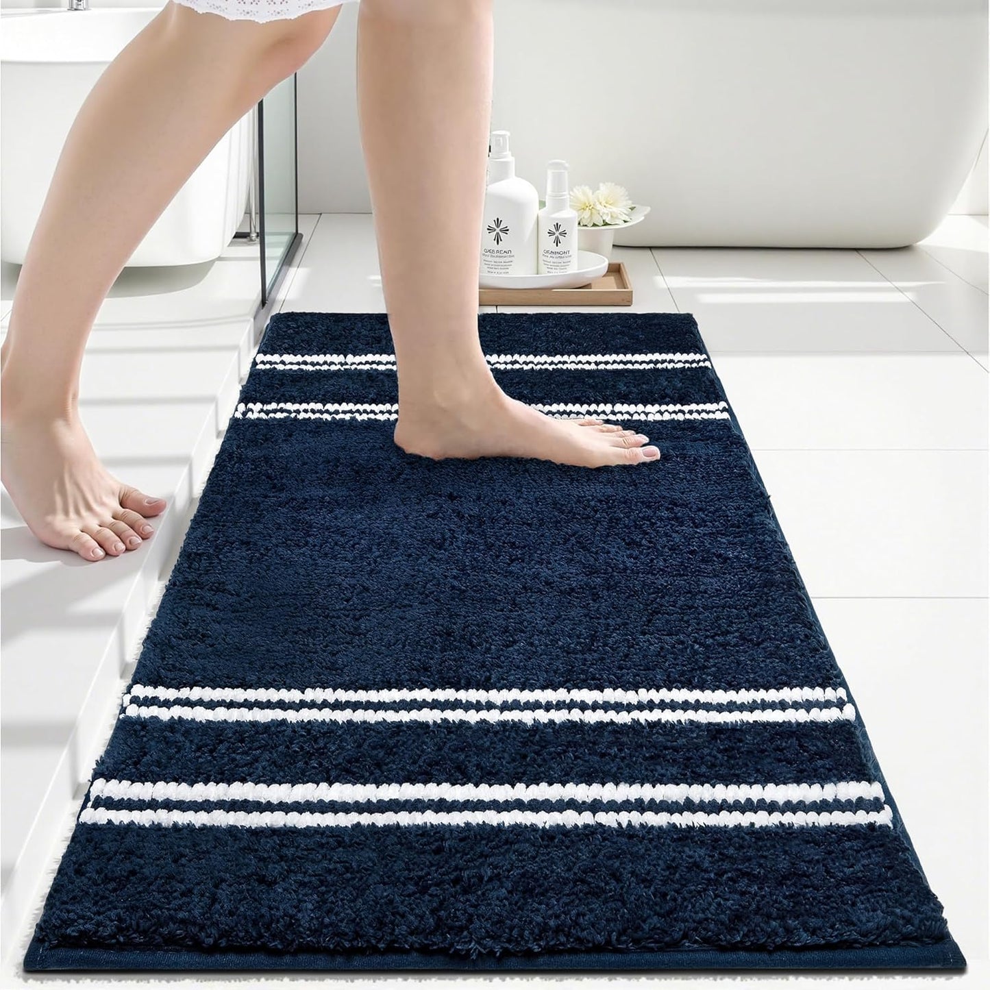 Skiennix Non-Slip Bathroom Rugs - Ultra Soft, Super Absorbent Chenille Mat | 24x17 Navy Quick Dry