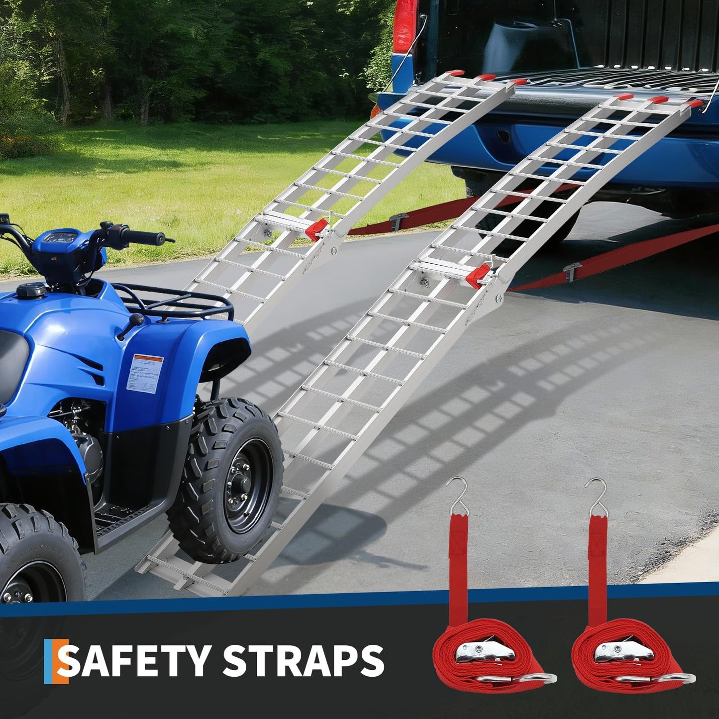 7.5 ft Aluminum Loading Ramps - 750 LBS Capacity Folding Motorcycle Ramp with Rubber-Tipped Fingers & Load Straps for Dirt Bike, UTV, ATV, Trucks, Lawn Mowers, Cargo Trailer