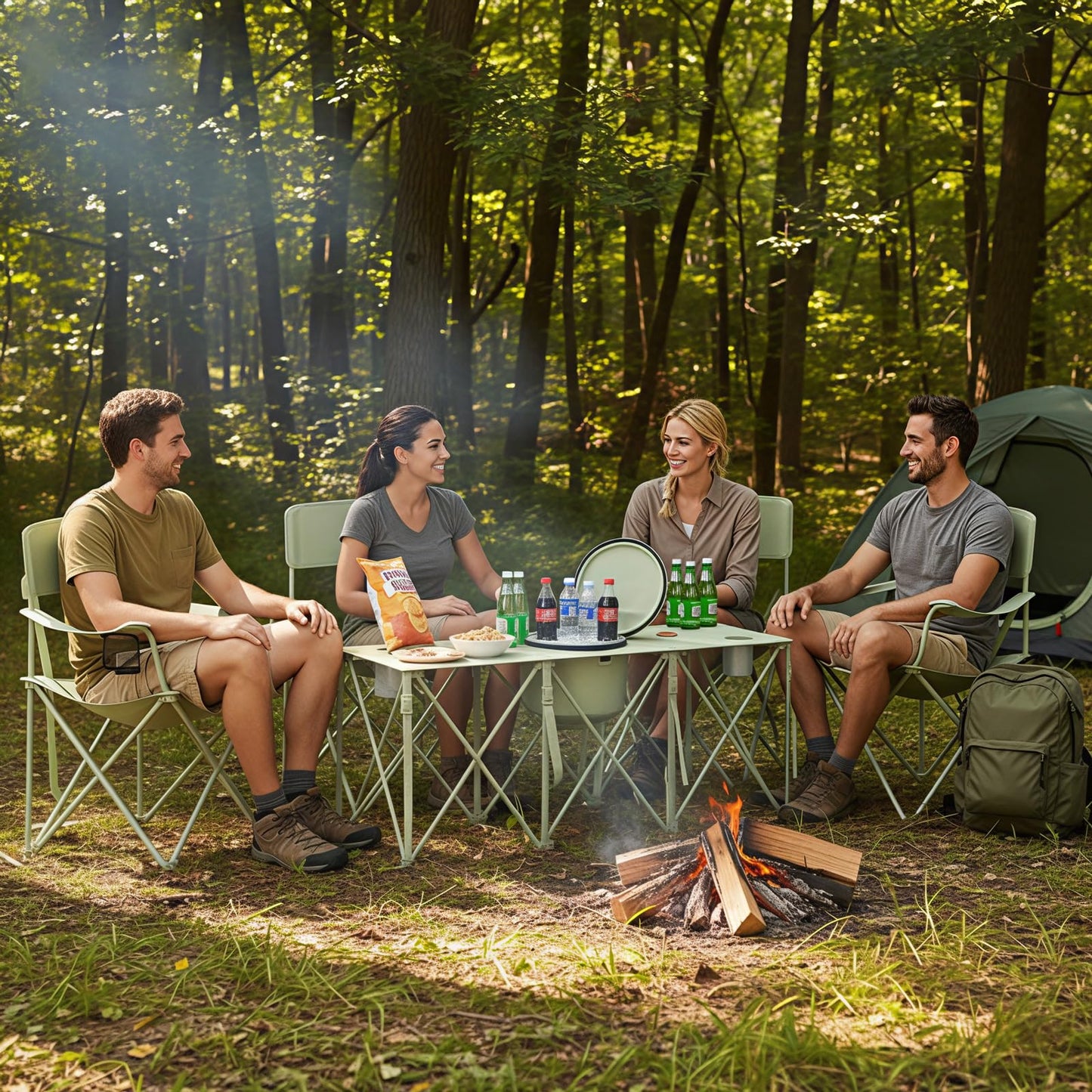 Camping Chair Set of 5,Folding Lawn Chairs with Table for Adults,Heavy Duty Collapsible Chair Include Four Single Chairs and Camping Table with Cooler Bag for Travel Fishing Sport Picnic,Light Green