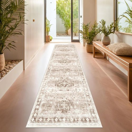 Hazo Haus Non-Slip Hallway Runner Rug - Washable & Waterproof 2x10 Beige/Latte Farmhouse Décor